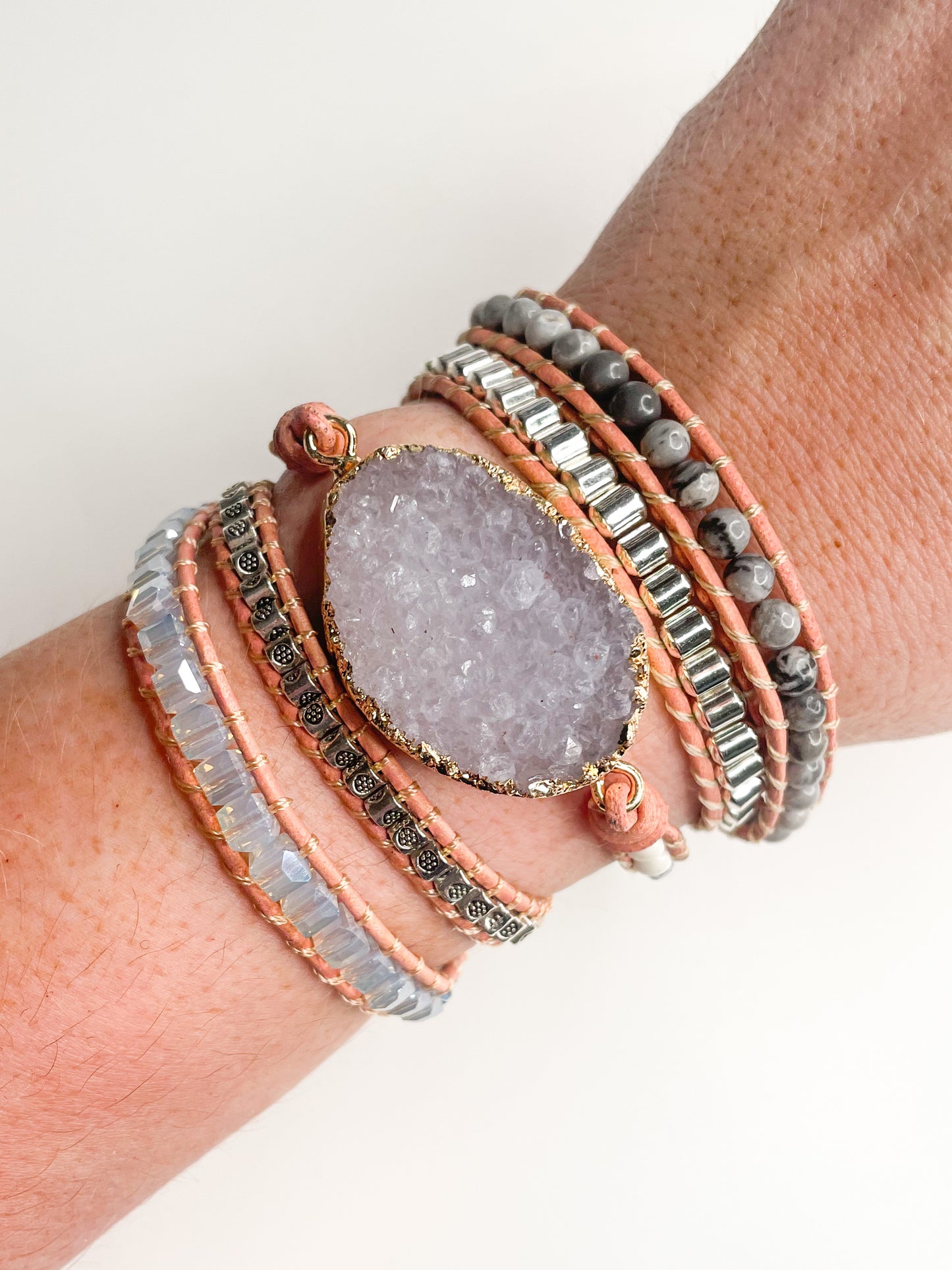 Oval White Druzy 5-time Boho Wrap - Leather