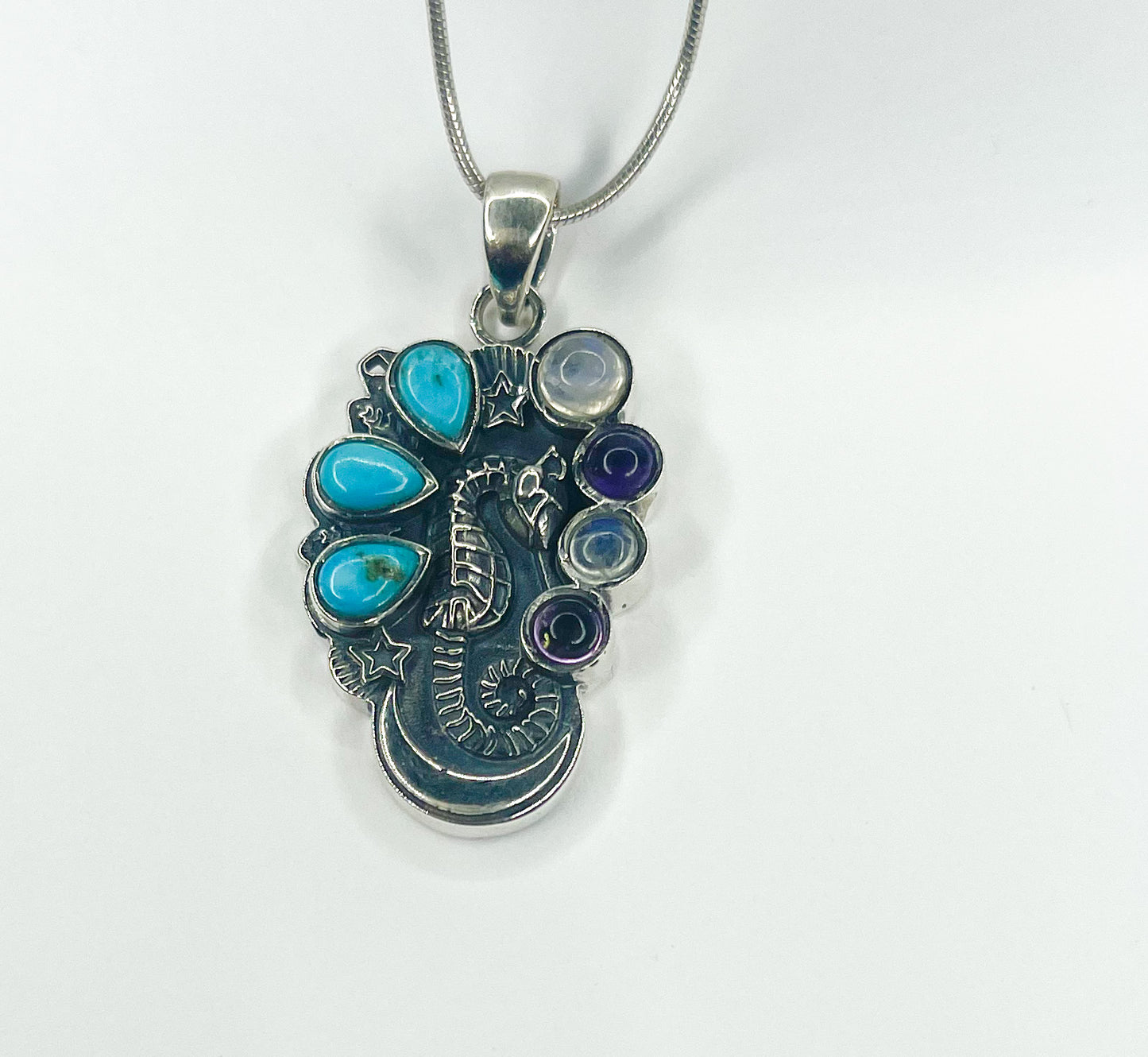 Turquoise/Amethyst/Moonstone Sea Horse Pedant-Solid Sterling Silver