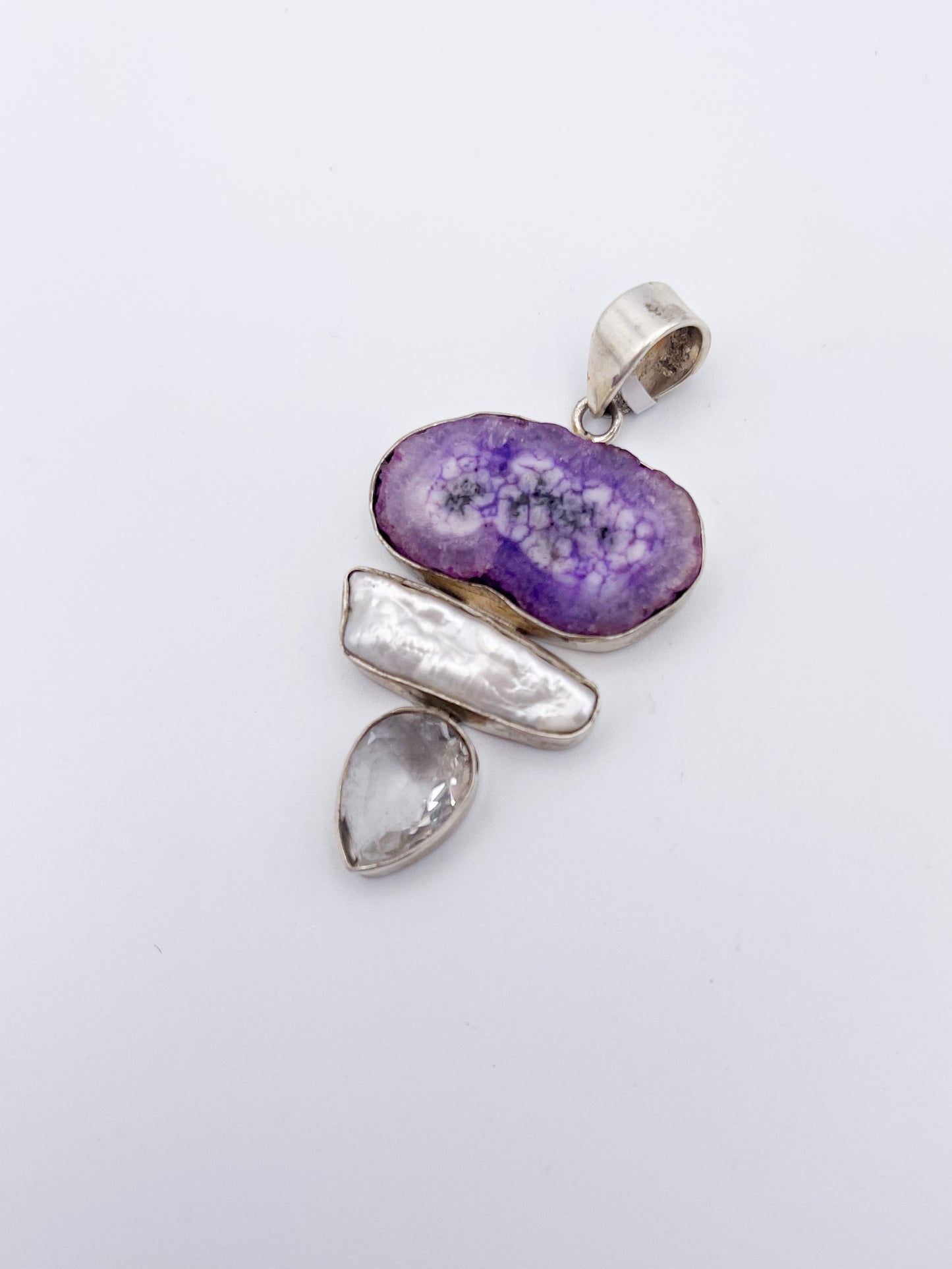 Solar Quartz W Biwa Pearl And Clear Quartz Pendant-Solid Sterling Silver