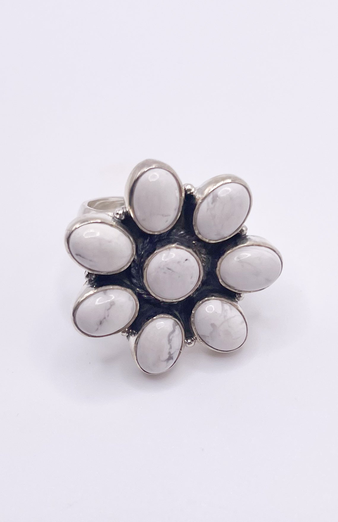 Howlite Flower Adjustable Ring-Solid Sterling Silver