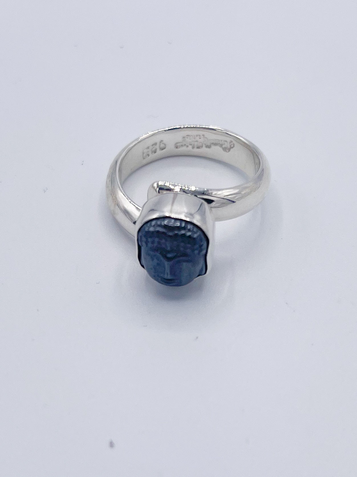 Hematite Dainty Buddha Adjustable Ring -Solid Sterling Silver