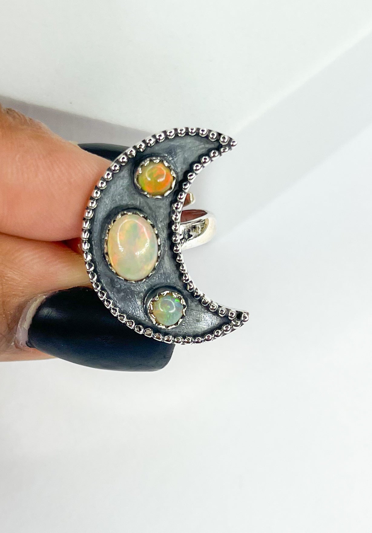 Ethiopian Opal Moon Adjustable Ring-Solid Sterling Silver