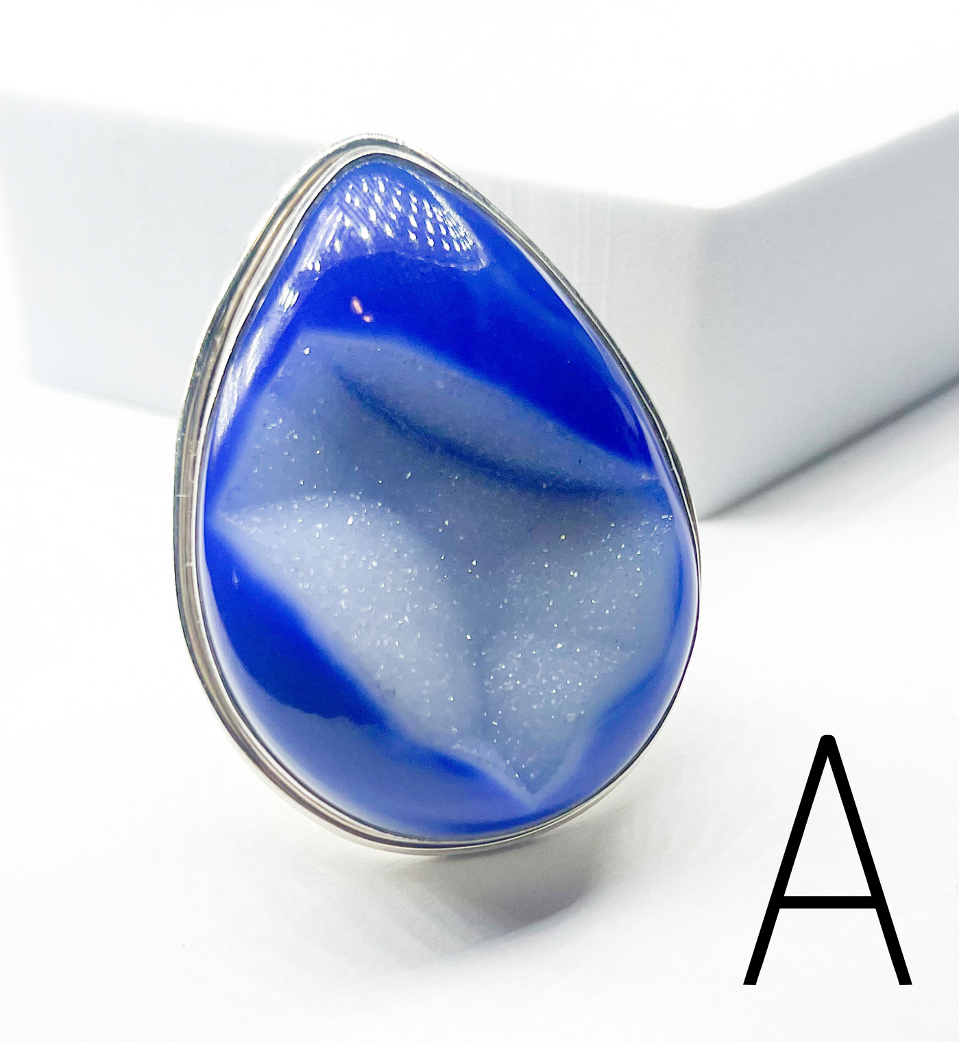 Dark Blue Druzy Teardrop Flexible Cuff Ring-Solid Sterling Silver