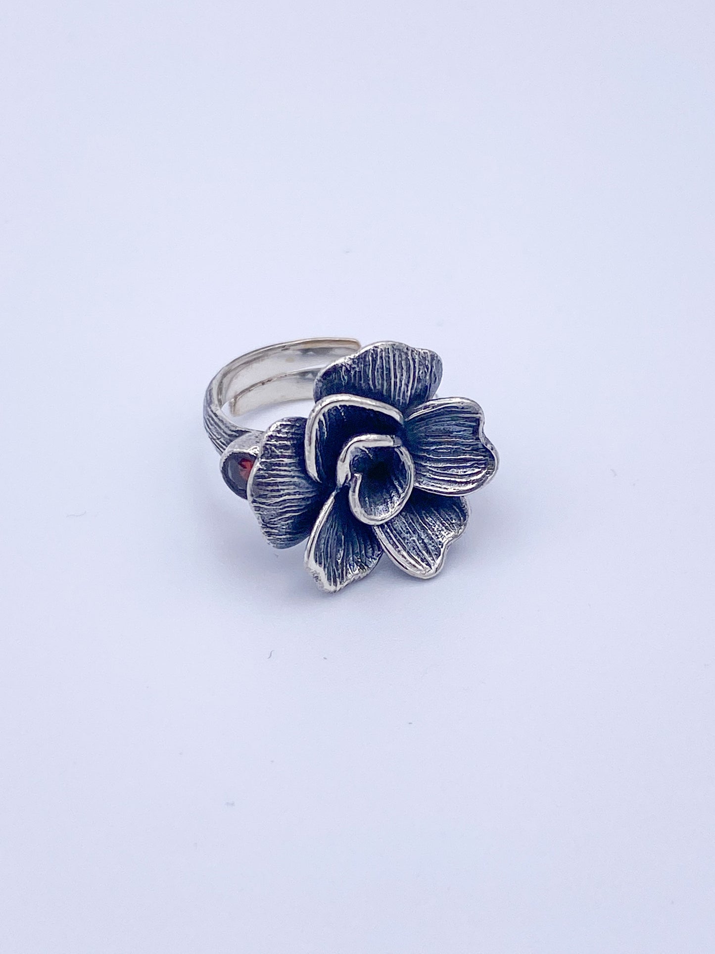 Oxidized Garnet Rose Flower Ring - Solid Sterling Silver