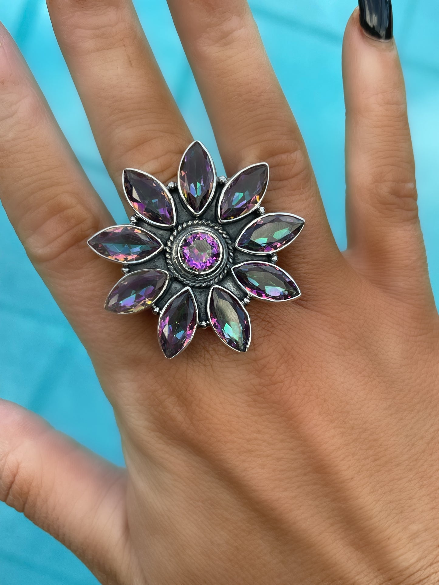 Mystic Topaz Flower Adjustable Ring-Solid Sterling Silver