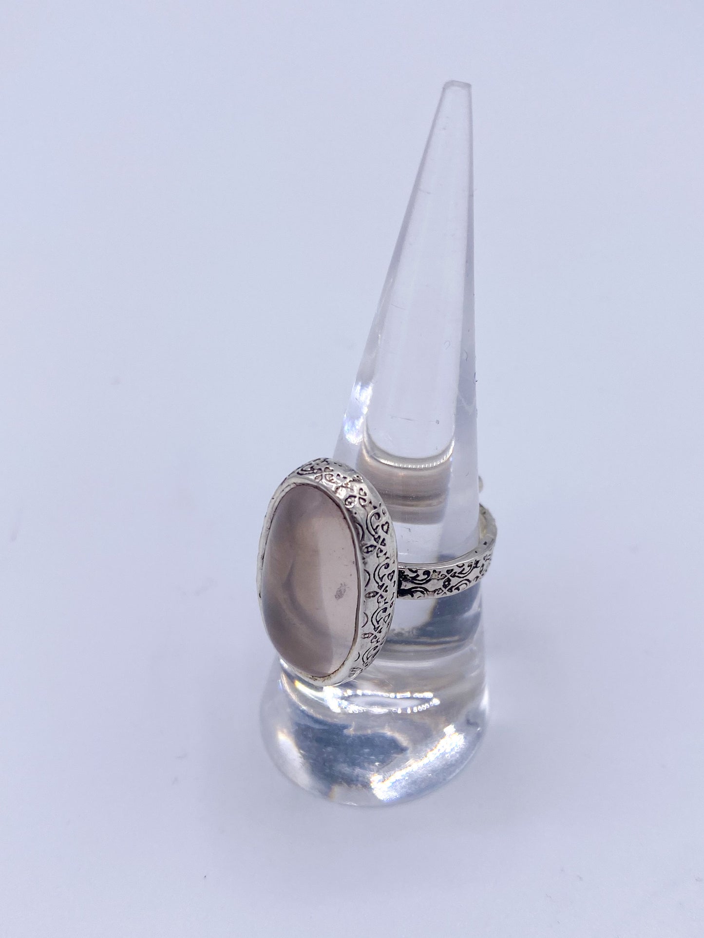 Rose Quartz Oval Adjustable Ring W Floral Border-Solid Sterling Silver