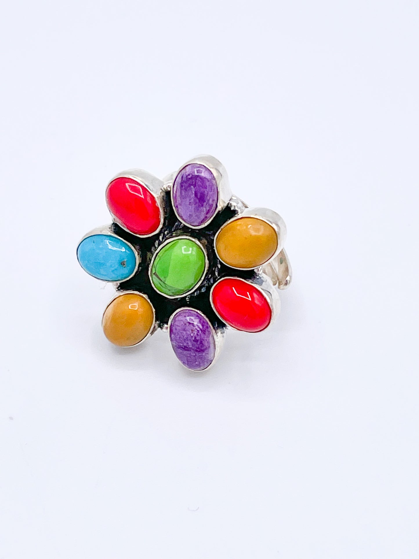Multi Stone Flower Ring - Solid Sterling Silver