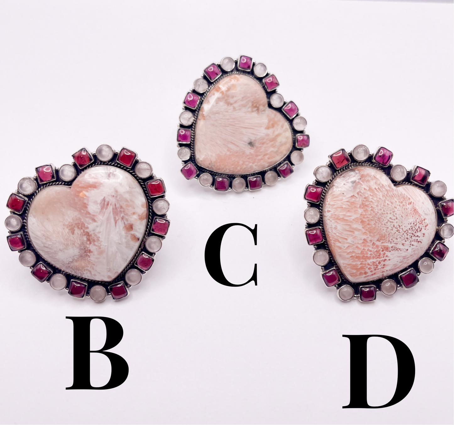 Ruby Garnet Moonstone Scolecite Heart Ring - Solid Sterling Silver