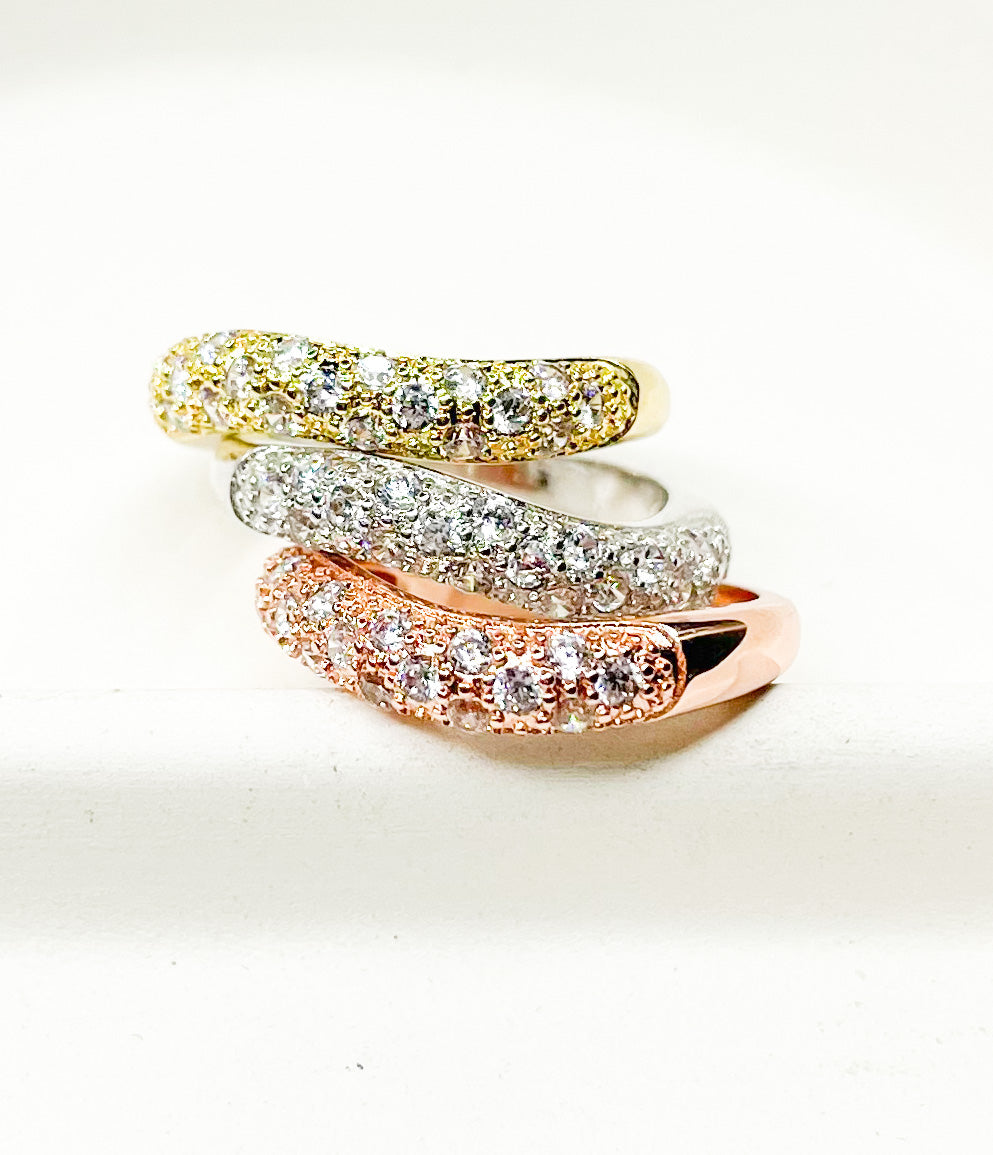 Three Tone Tripple CZ Sized Ring-Rhodium