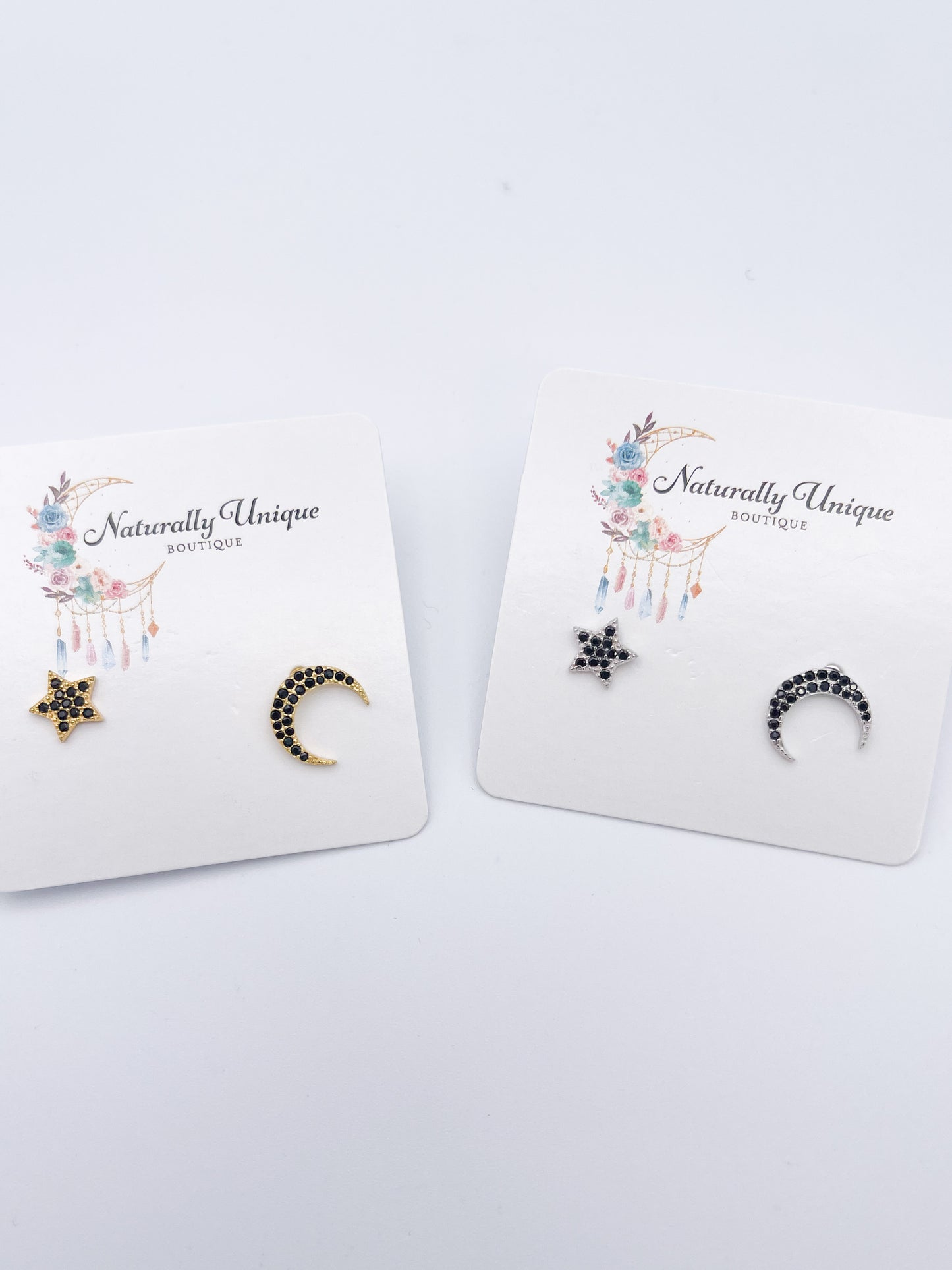 CZ Moon and Star Stud Earrings - 18K Gold Plated Over Silver