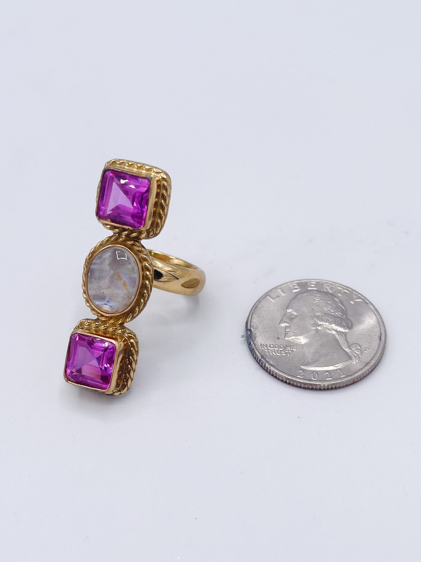 Lab Pink Sapphire & Moonstone 2 Crawler Adjustable Ring-Alchemia