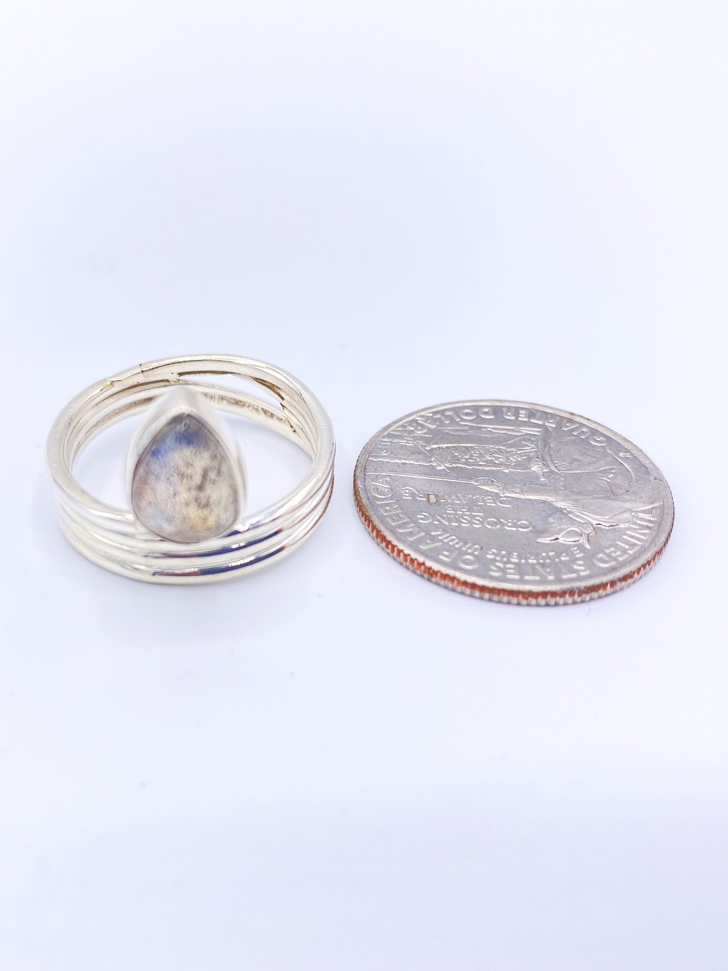 Labradorite Dainty Double Band Adjustable Ring - Solid Sterling Silver