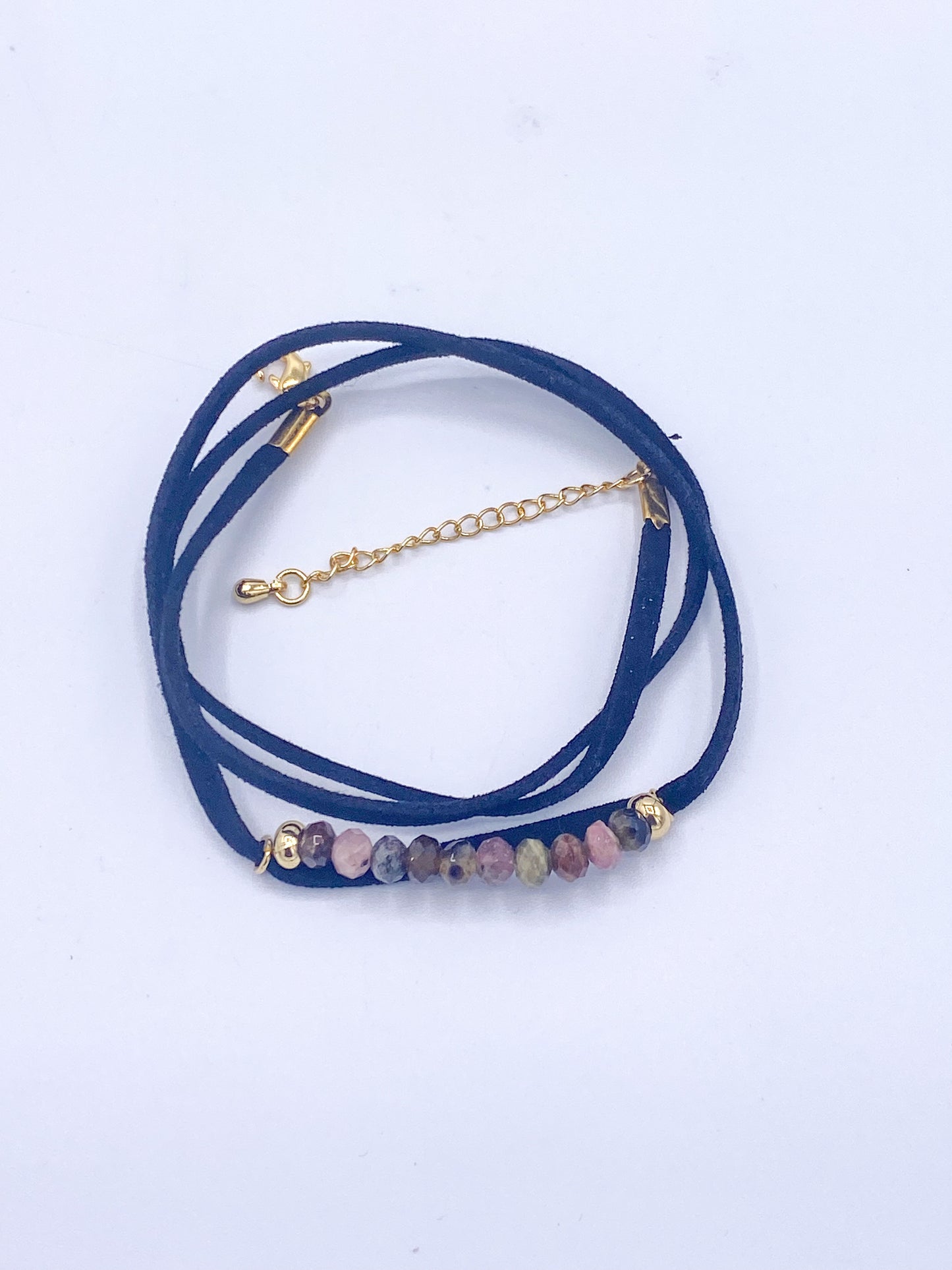 Black Leather Tourmaline Wrap Bracelet