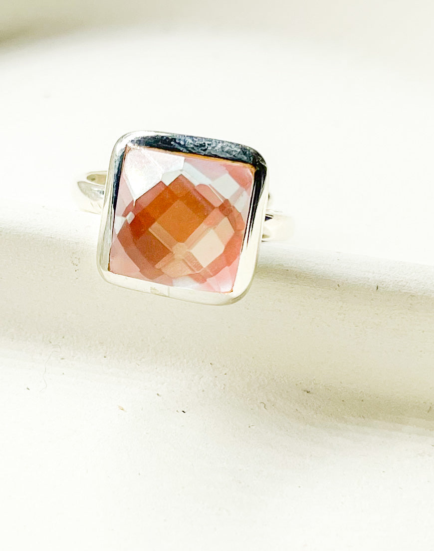 Light Pink Mystical Glass Square Ring - Solid Sterling Silver