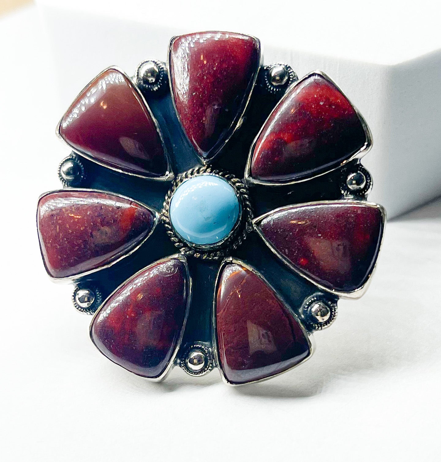 Mookite & Turquoise Flower Ring - Solid Sterling Silver