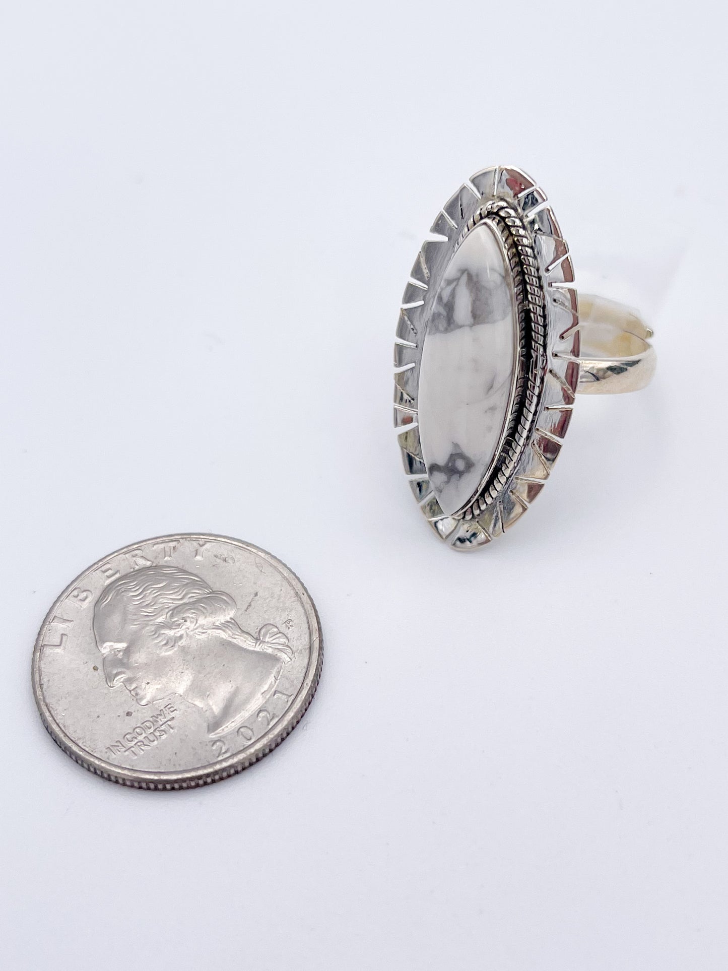Howlite with Detailed Edge Adjustable RIng-Solid Sterling Silver