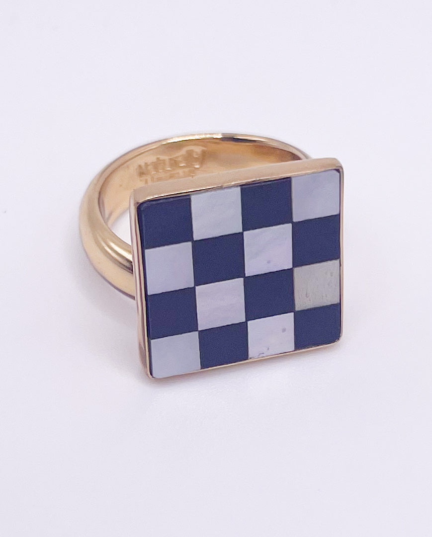 Mother of Pearl and Onyx Adjustable Checker Square Ring-Alchemia