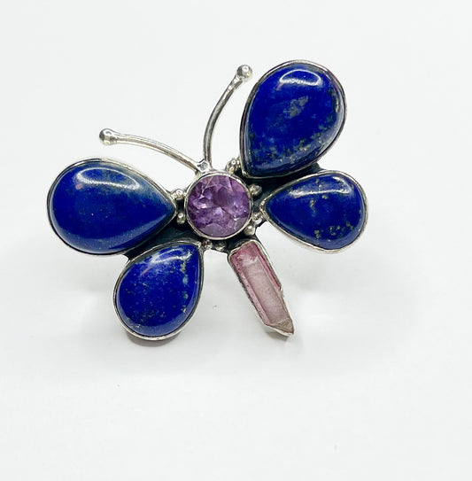 Amethyst and Lapis Lazuli Dragonfly Adjustable Ring- Solid Sterling Silver