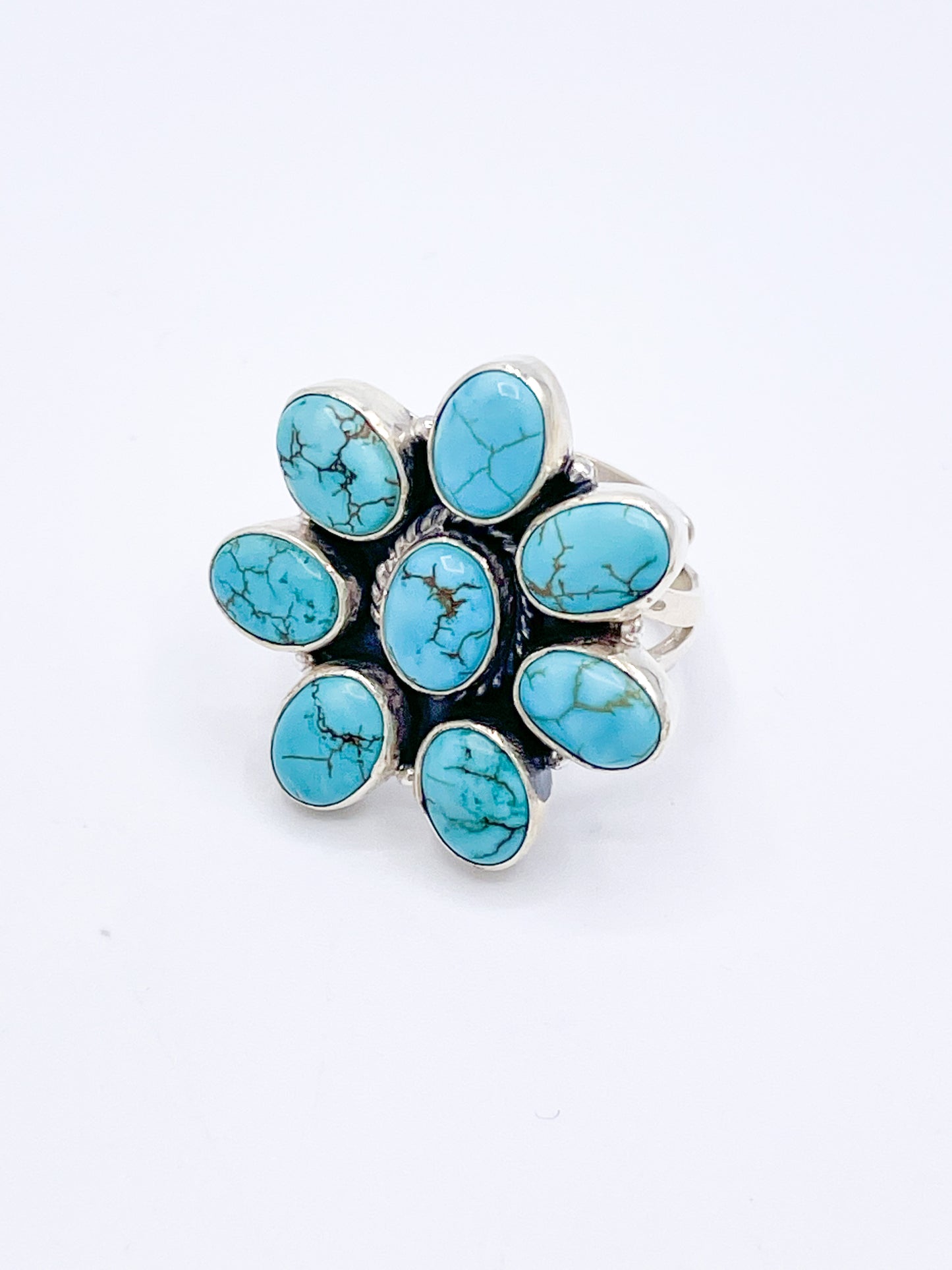 Turquoise Flower Ring - Solid Sterling Silver