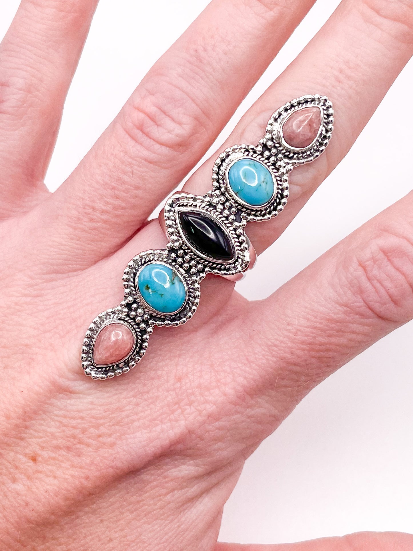 Black onyx,Turquoise & Rhodochrosite Crawler Ring-Solid Sterling Silver