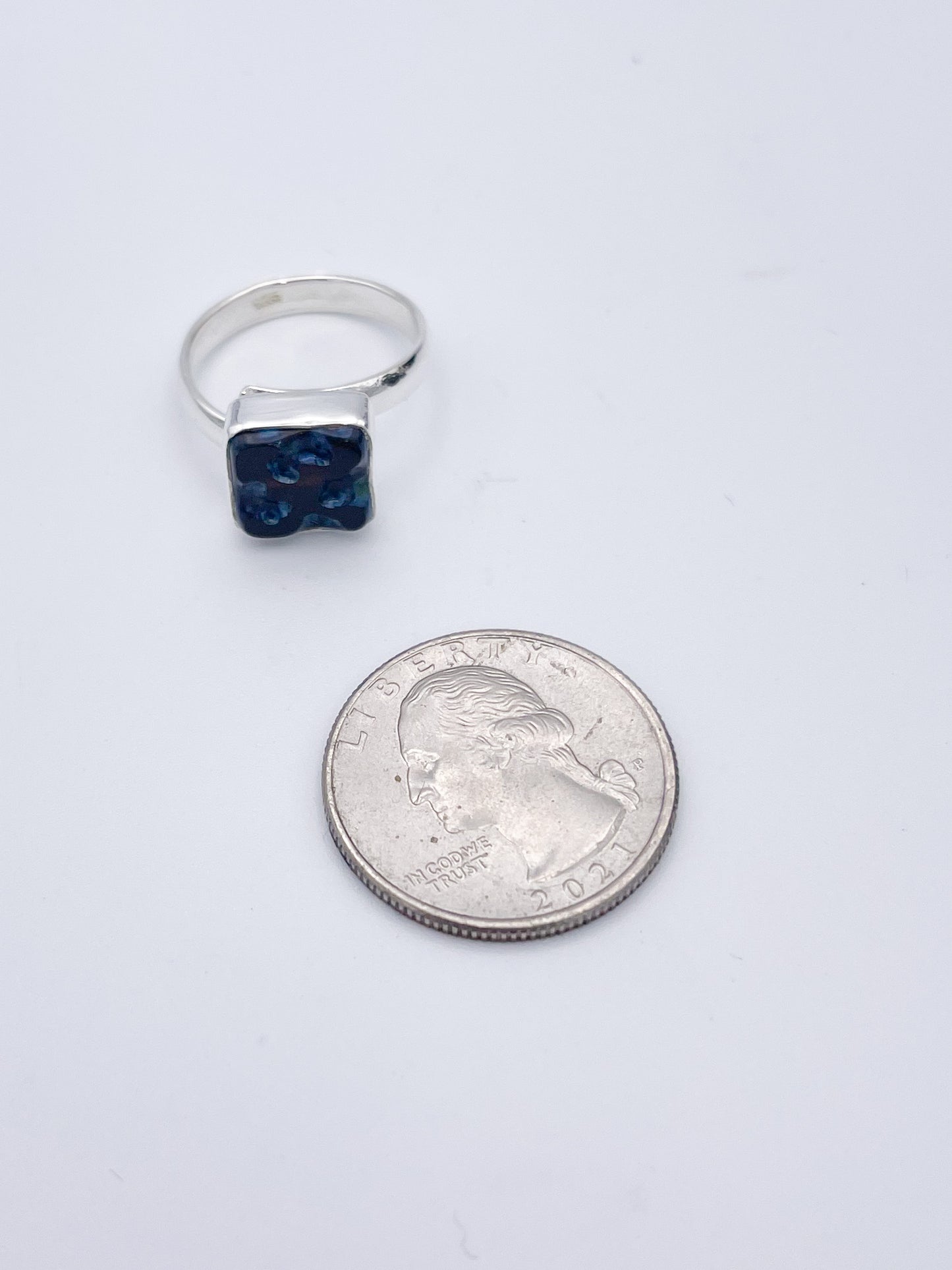 Blue and Red Dainty Glass Adjustable Ring-Solid Sterling Silver