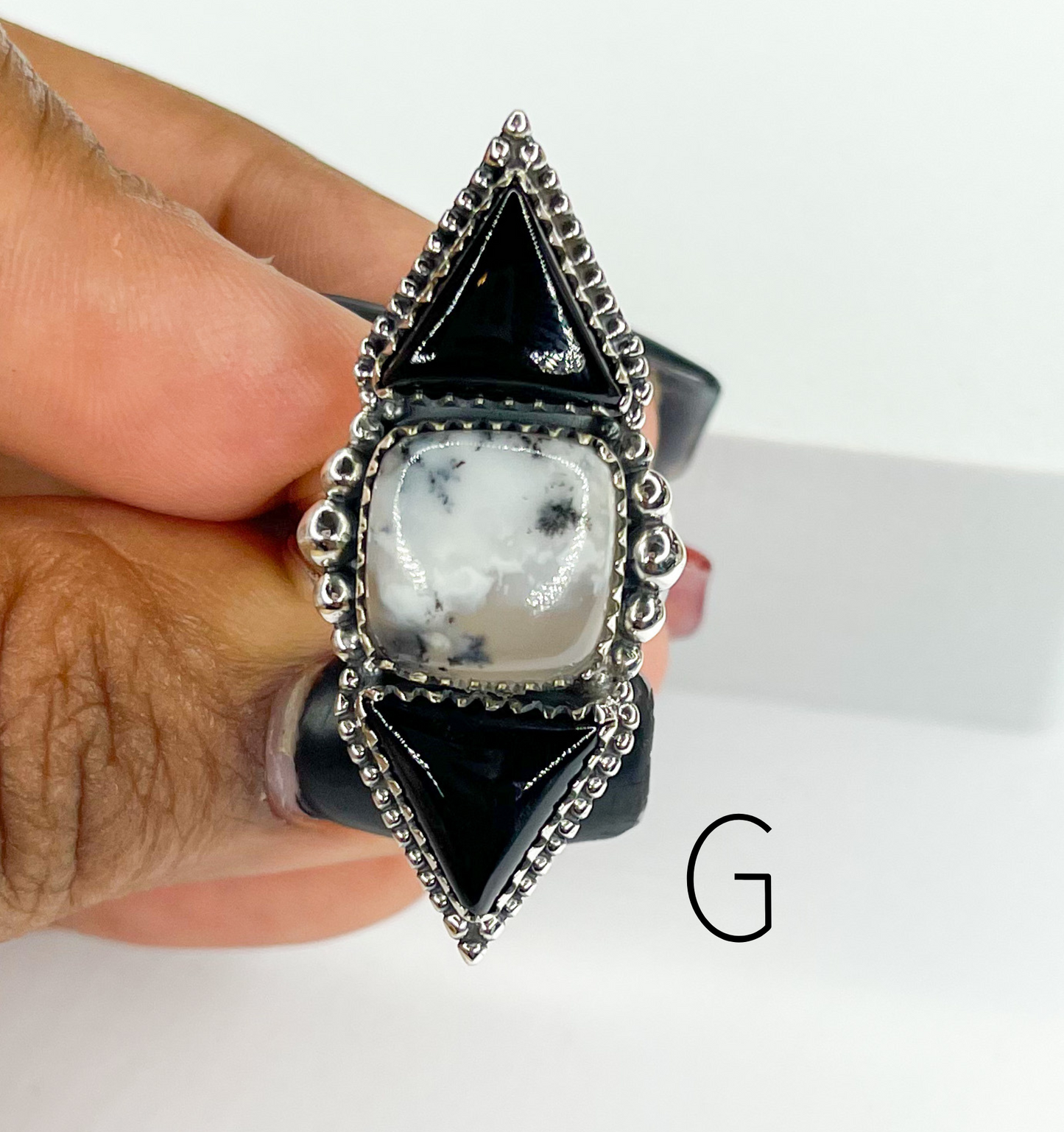 Black Onyx And Dendrite Crawler Ring-Solid Sterling Silver
