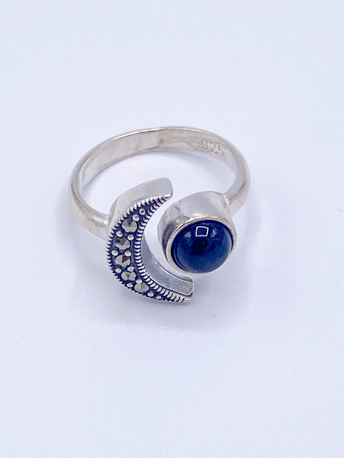 Moon and Onyx Ring- Solid Sterling Silver