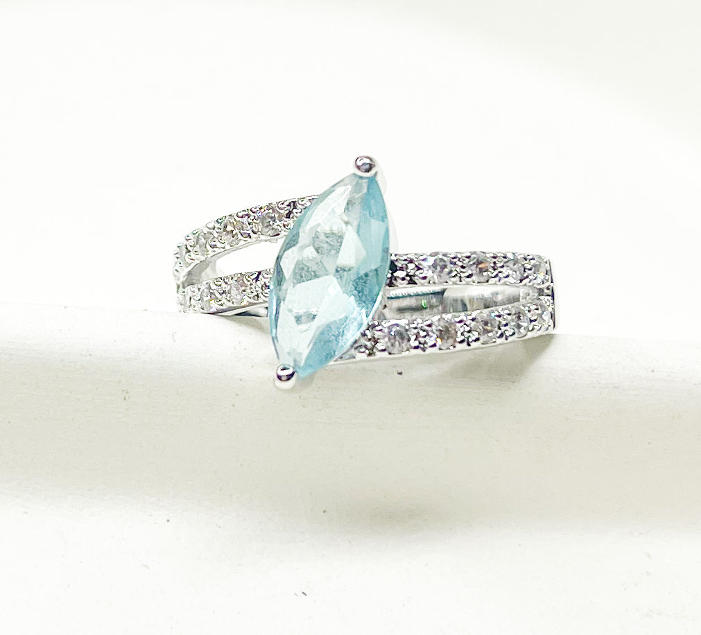 Blue Marquee Double CZ Sized Ring-Rhodium