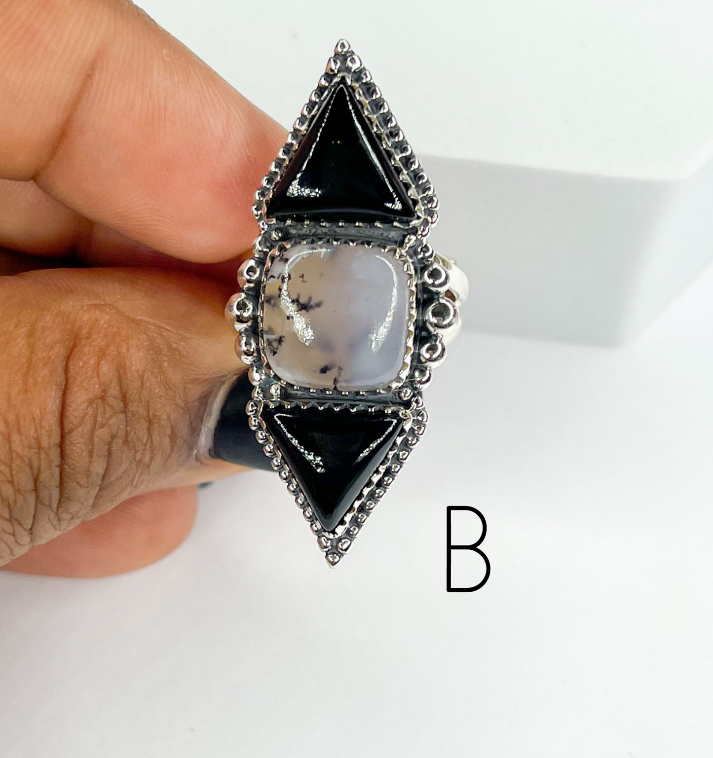 Black Onyx And Dendrite Crawler Ring-Solid Sterling Silver