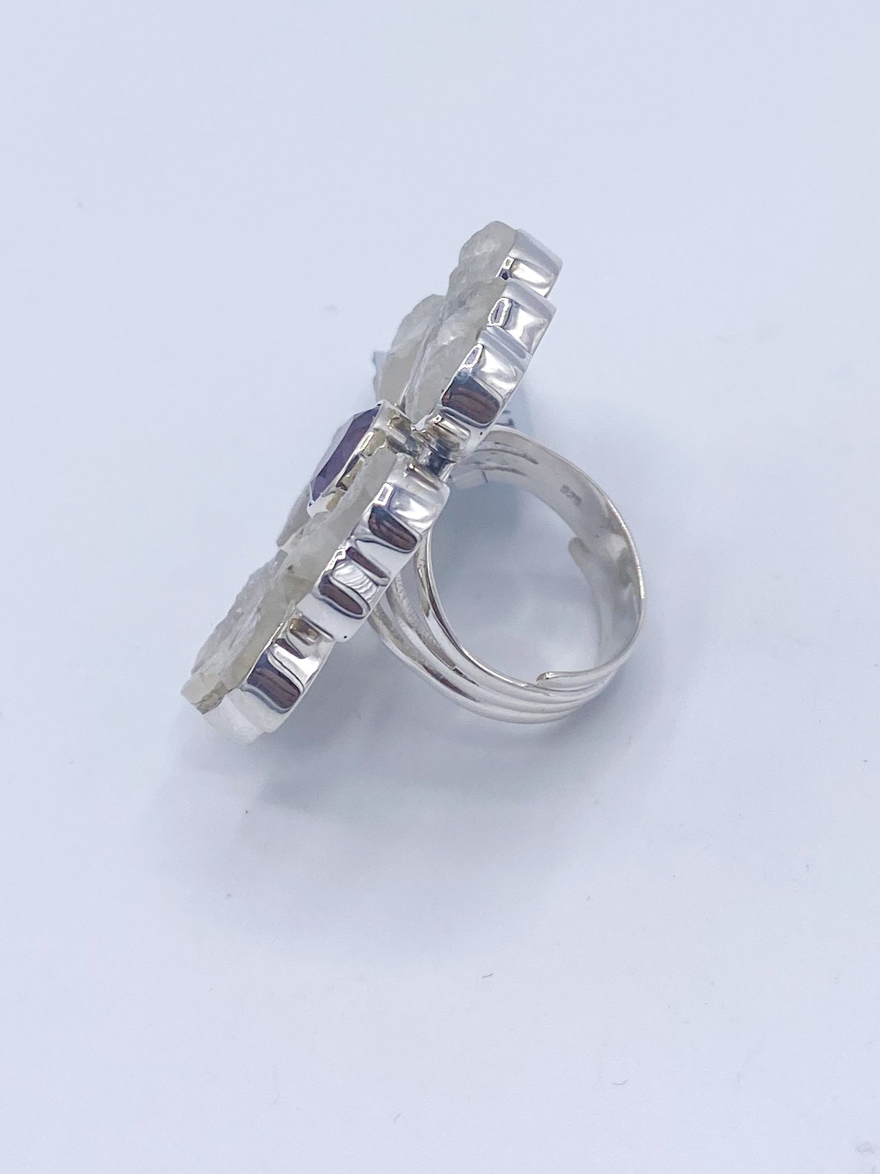 Raw Rainbow Moonstone & Amethyst Flower Statement Ring-Solid Sterling Silver