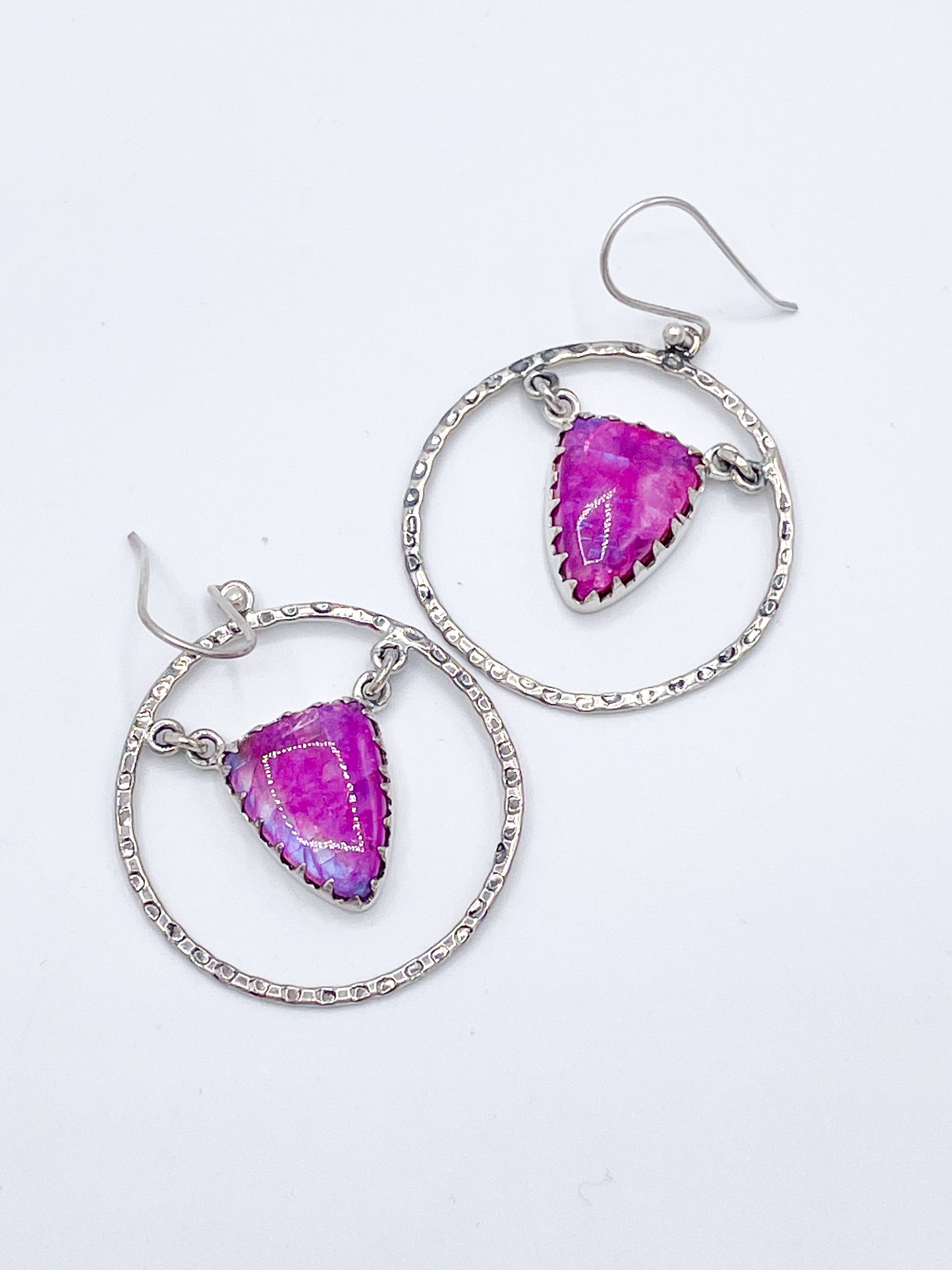 Hot Pink Rainbow Moonstone Hoop Dangles - Solid Sterling Silver