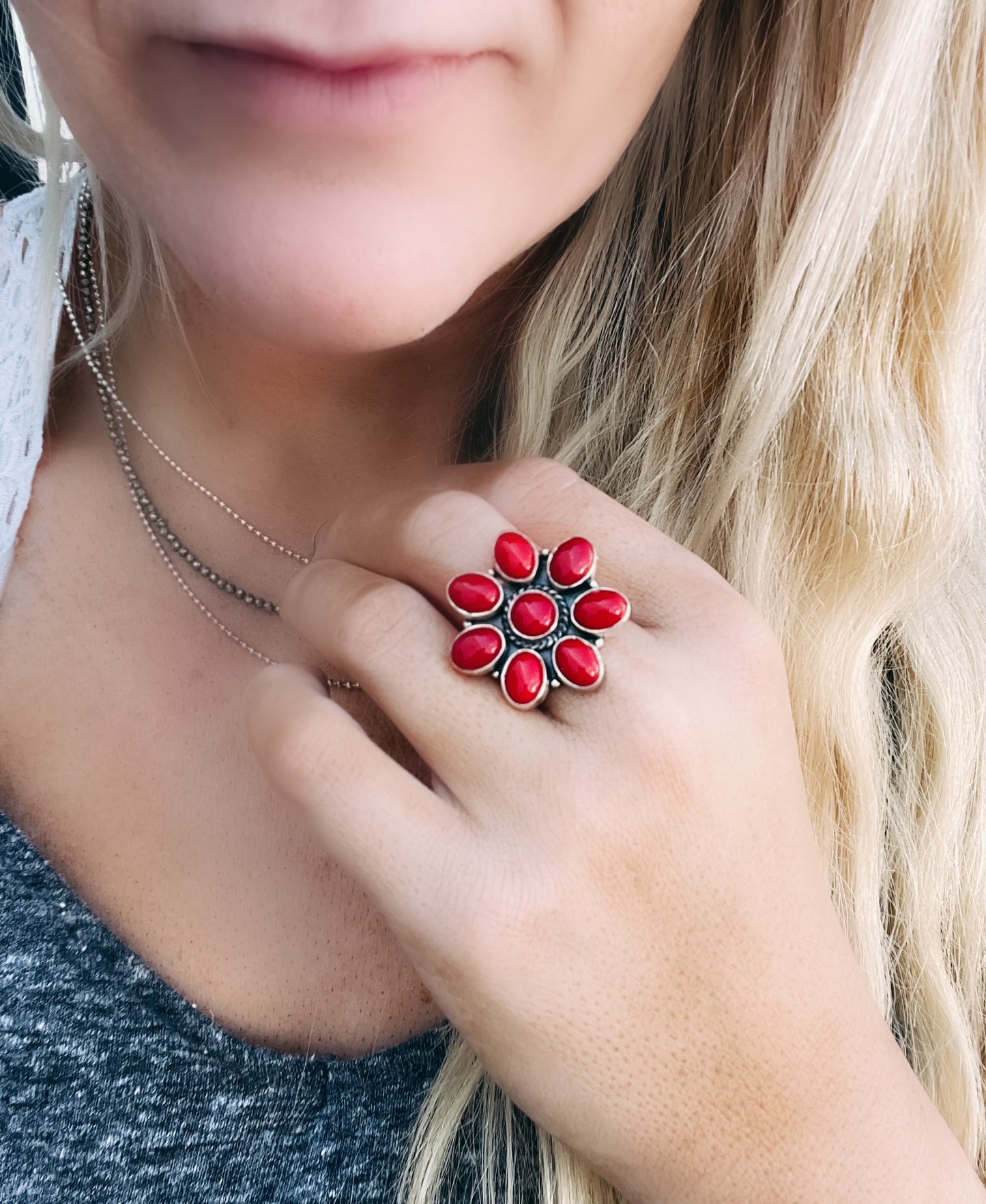 Red Jasper Flower Ring - Solid Sterling Silver