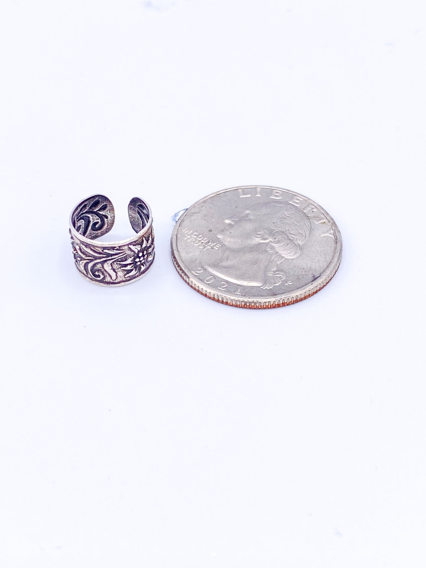 Flower Detail Dark Ear Cuff - Solid Sterling Silver
