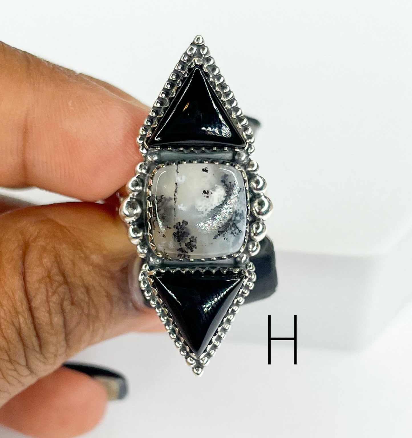 Black Onyx And Dendrite Crawler Ring-Solid Sterling Silver