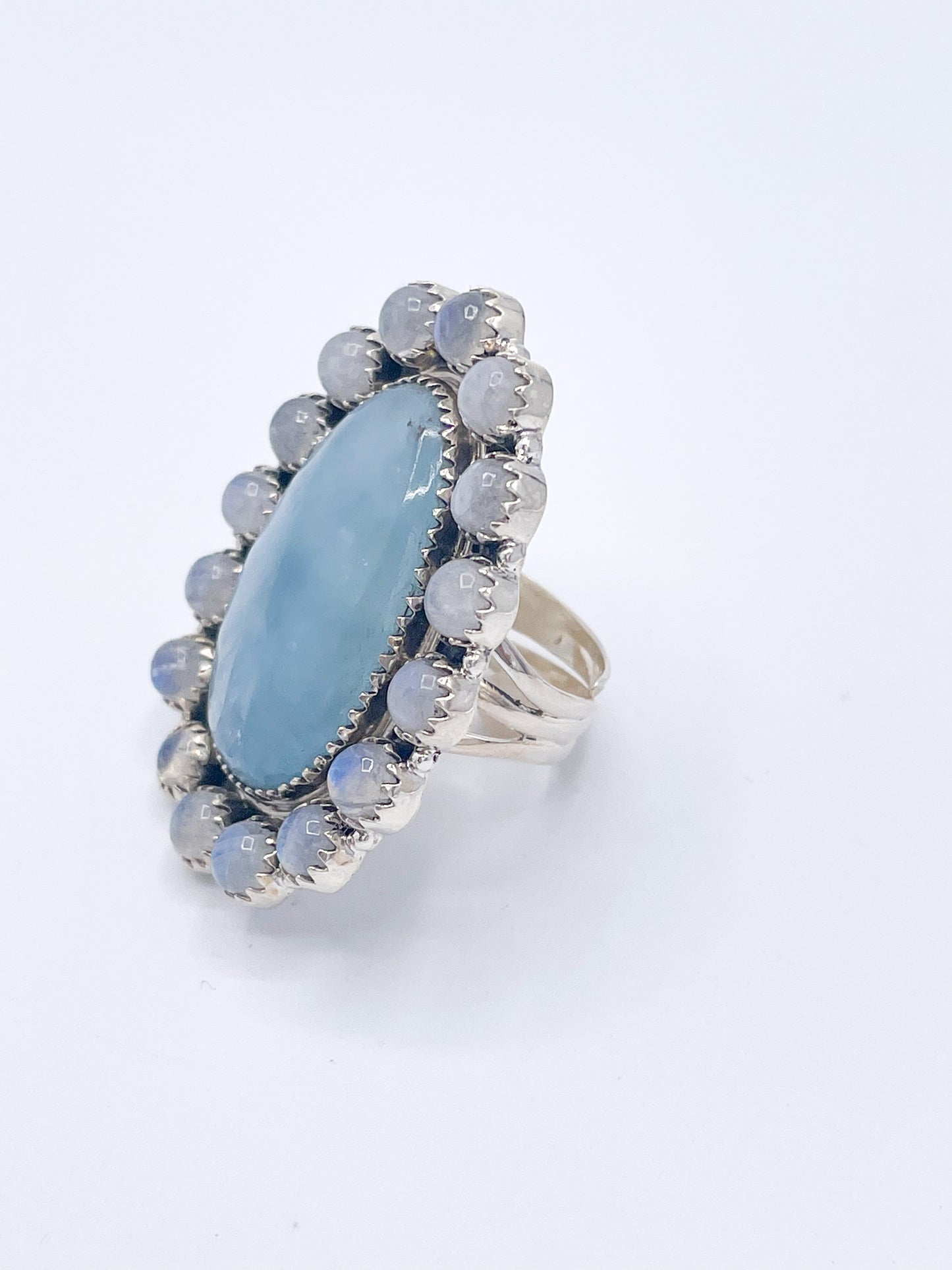 Sterling Silver Aquamarine & Rainbow Moonstone Ring