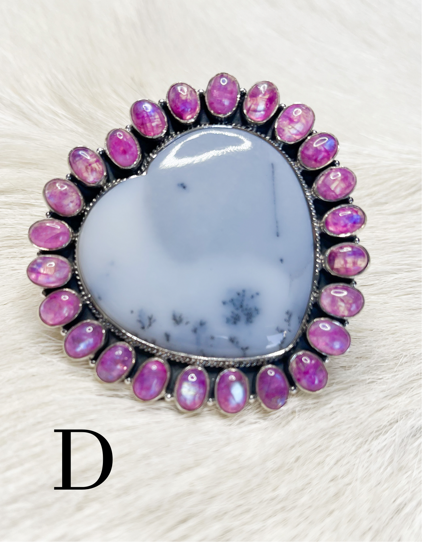 Pink Moonstone & Dendrite Heart Ring-Solid Sterling Silver