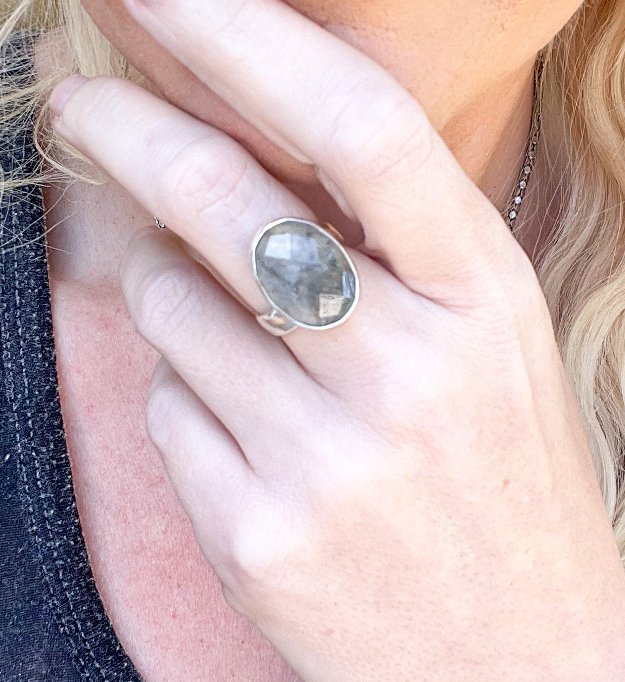 Faceted Tourmalated Quartz Ring - Solid Sterling Silver