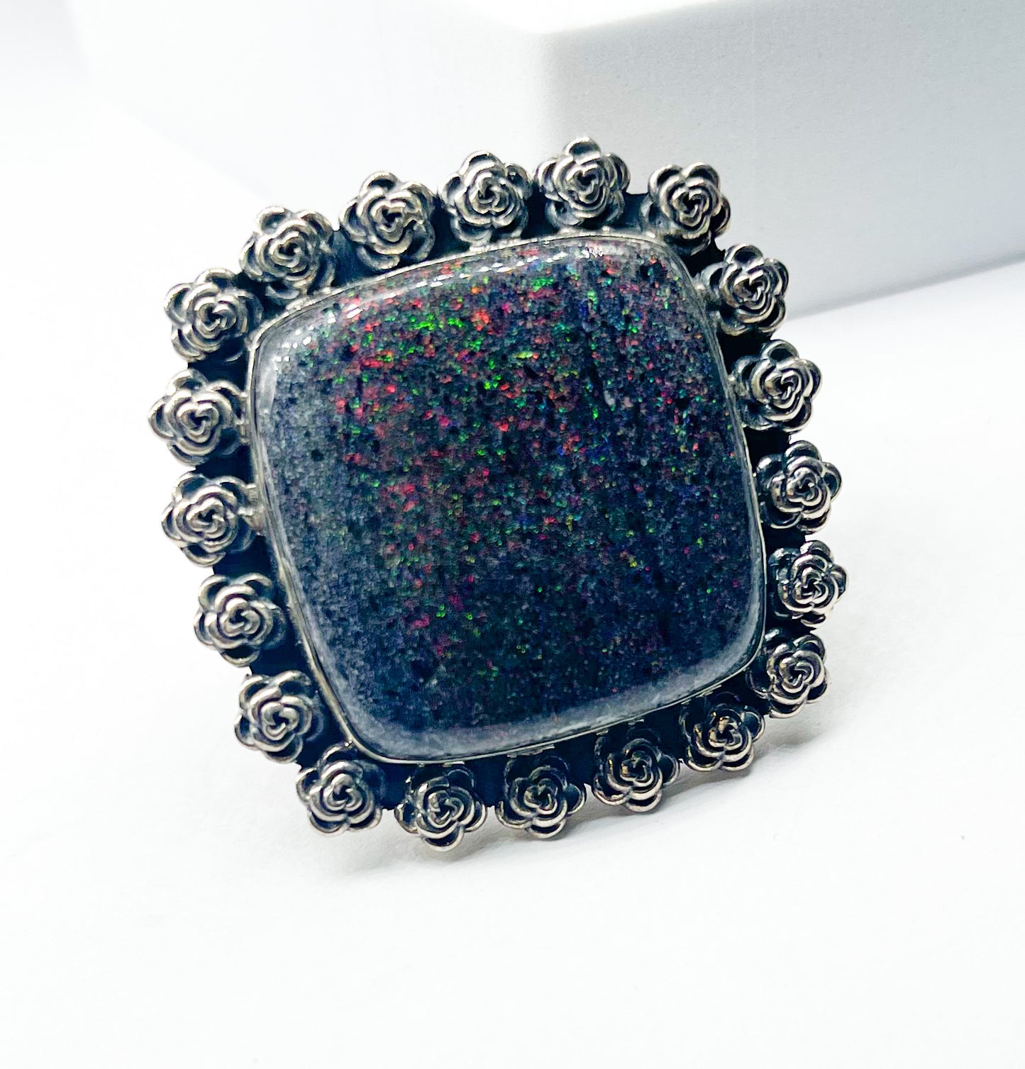Sandstone rectangle Ring W Rose Bezel-Solid Sterling Silver
