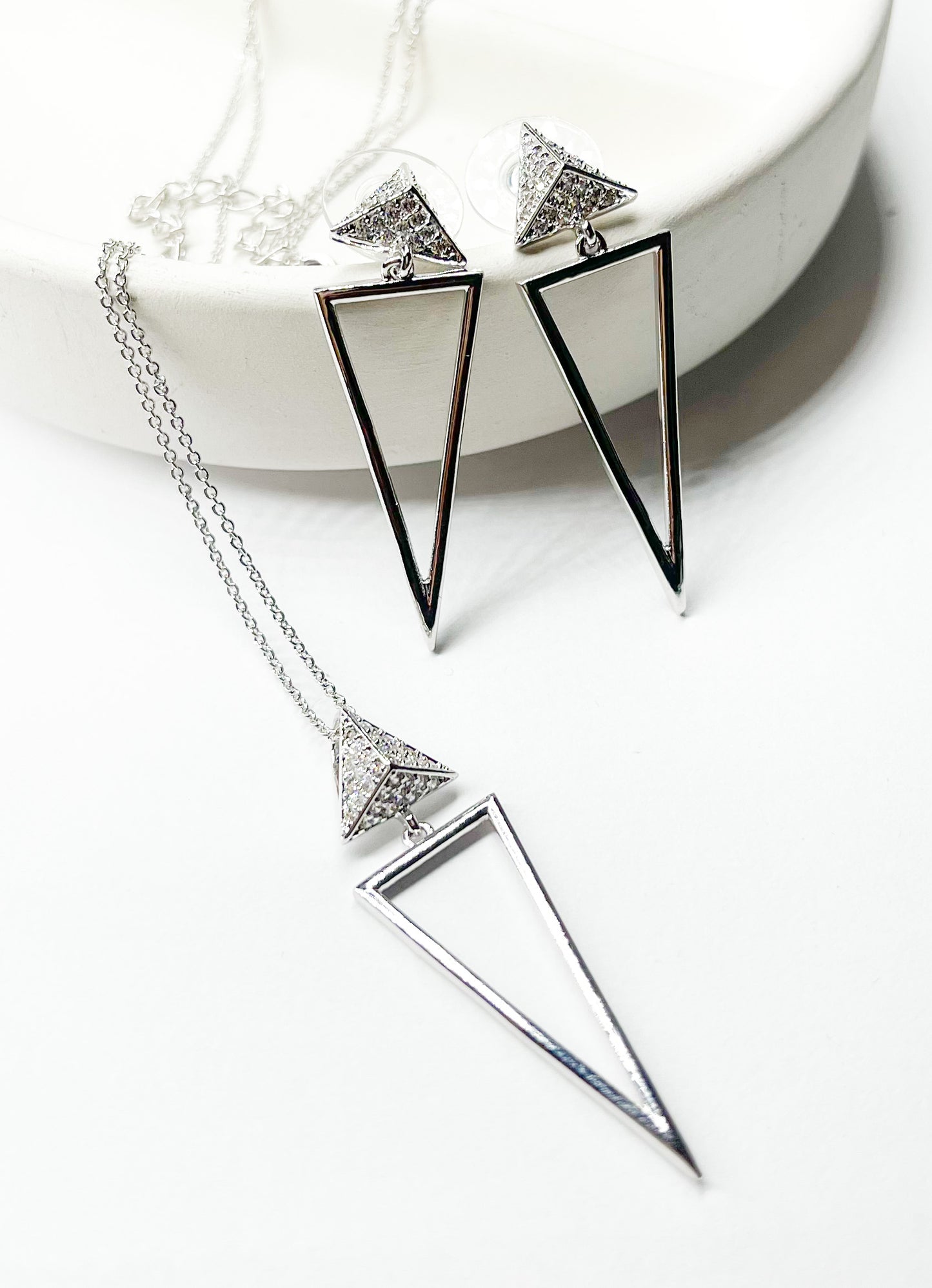 Point Down W Cz Necklace-Rhodium