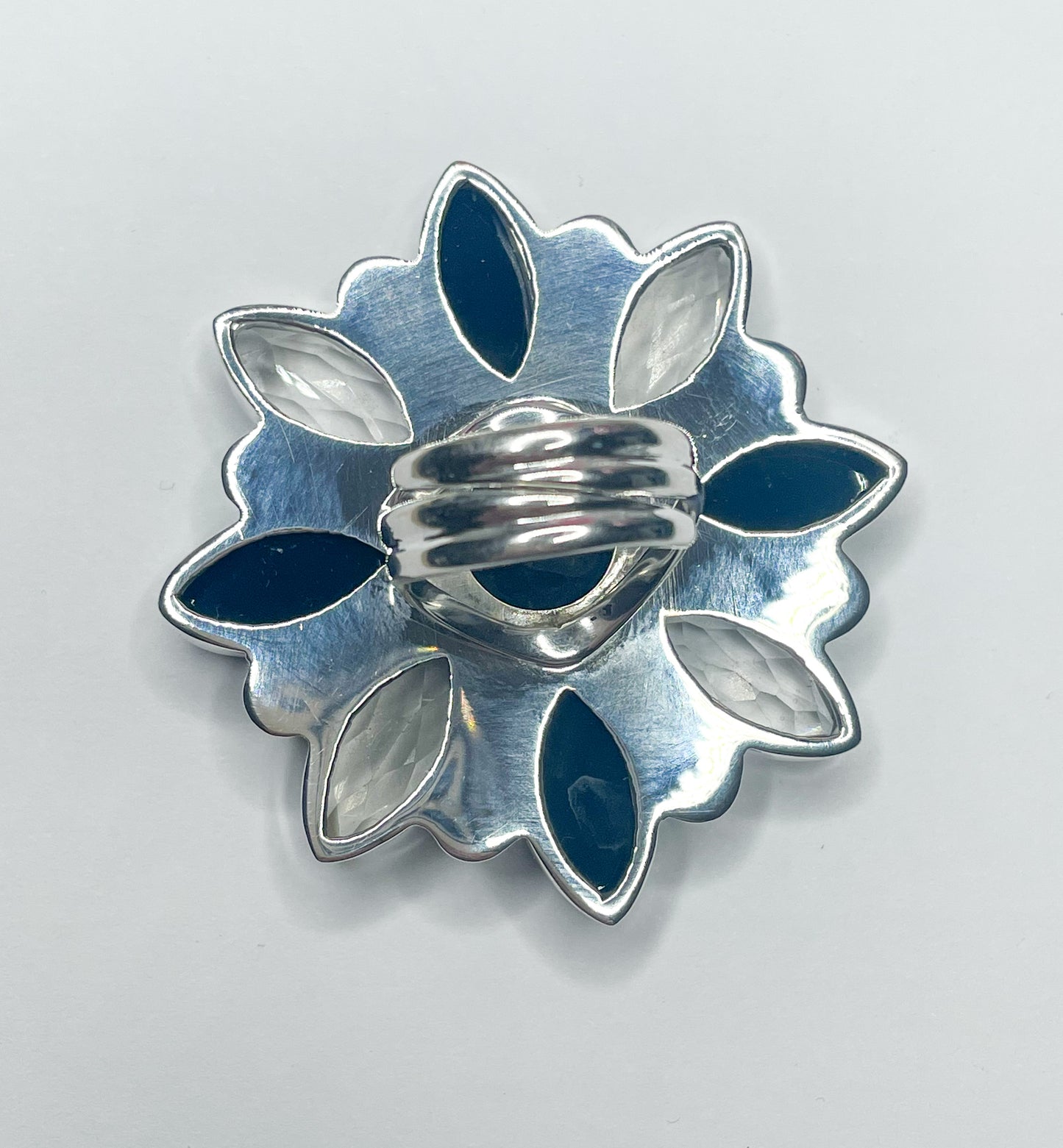 Black oynx & Crystal Oxi Flower Ring - Solid Sterling Silver