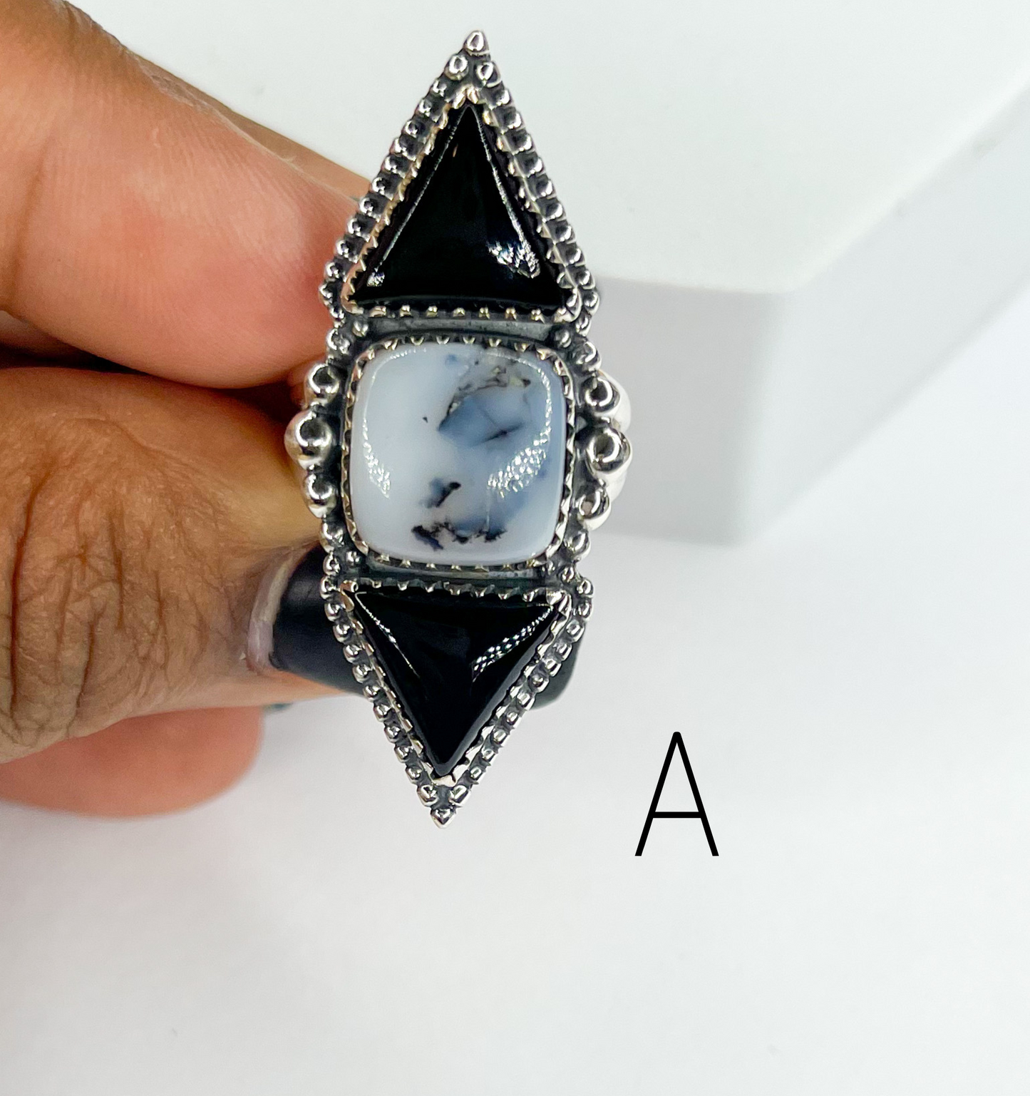 Black Onyx And Dendrite Crawler Ring-Solid Sterling Silver