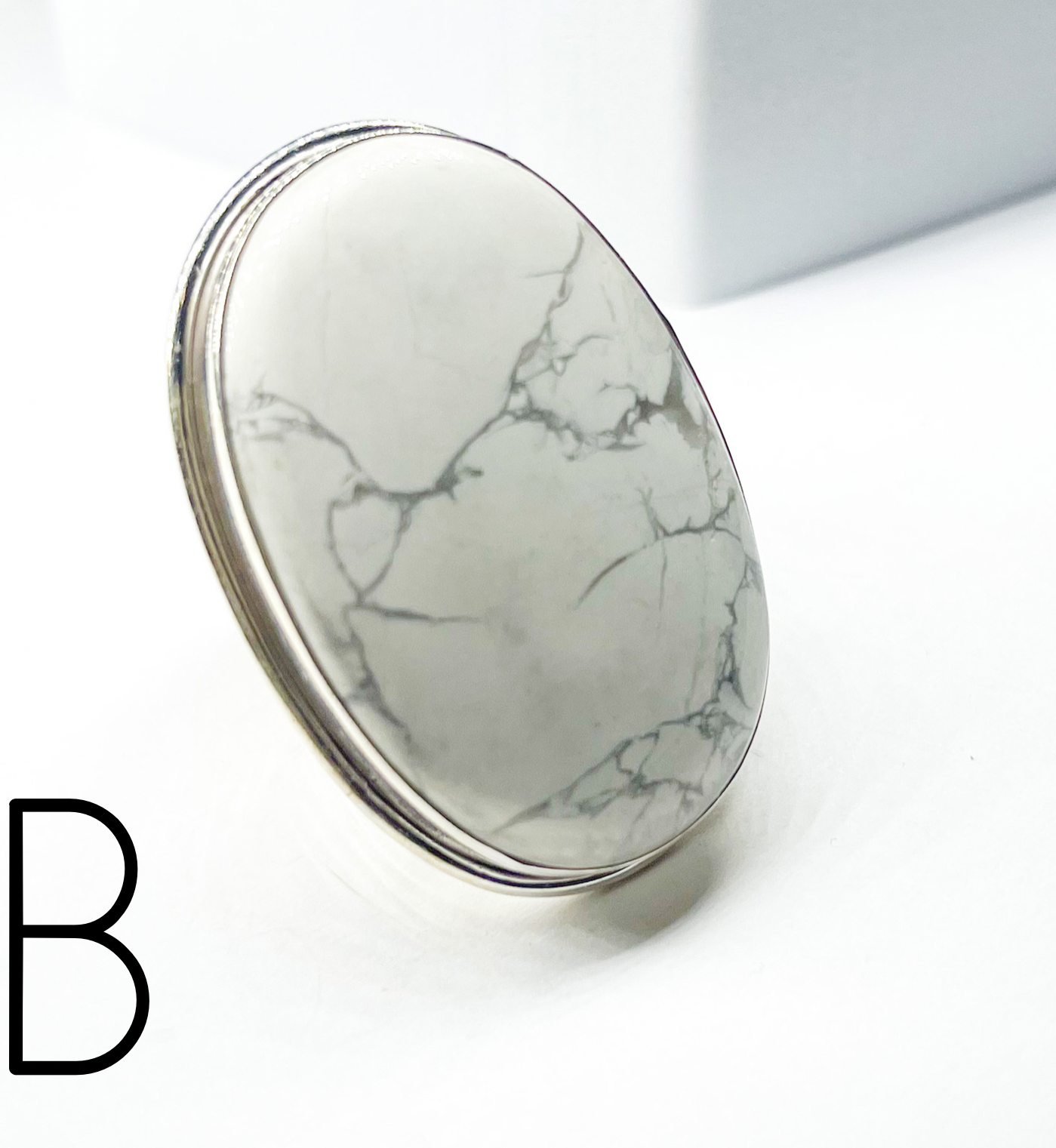 White Howlite Oval Adjustable Statement Ring W Flex Cuff-Solid Sterling Silver