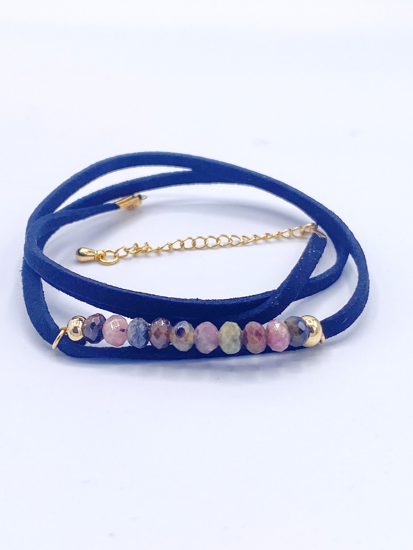 Black Leather Tourmaline Wrap Bracelet