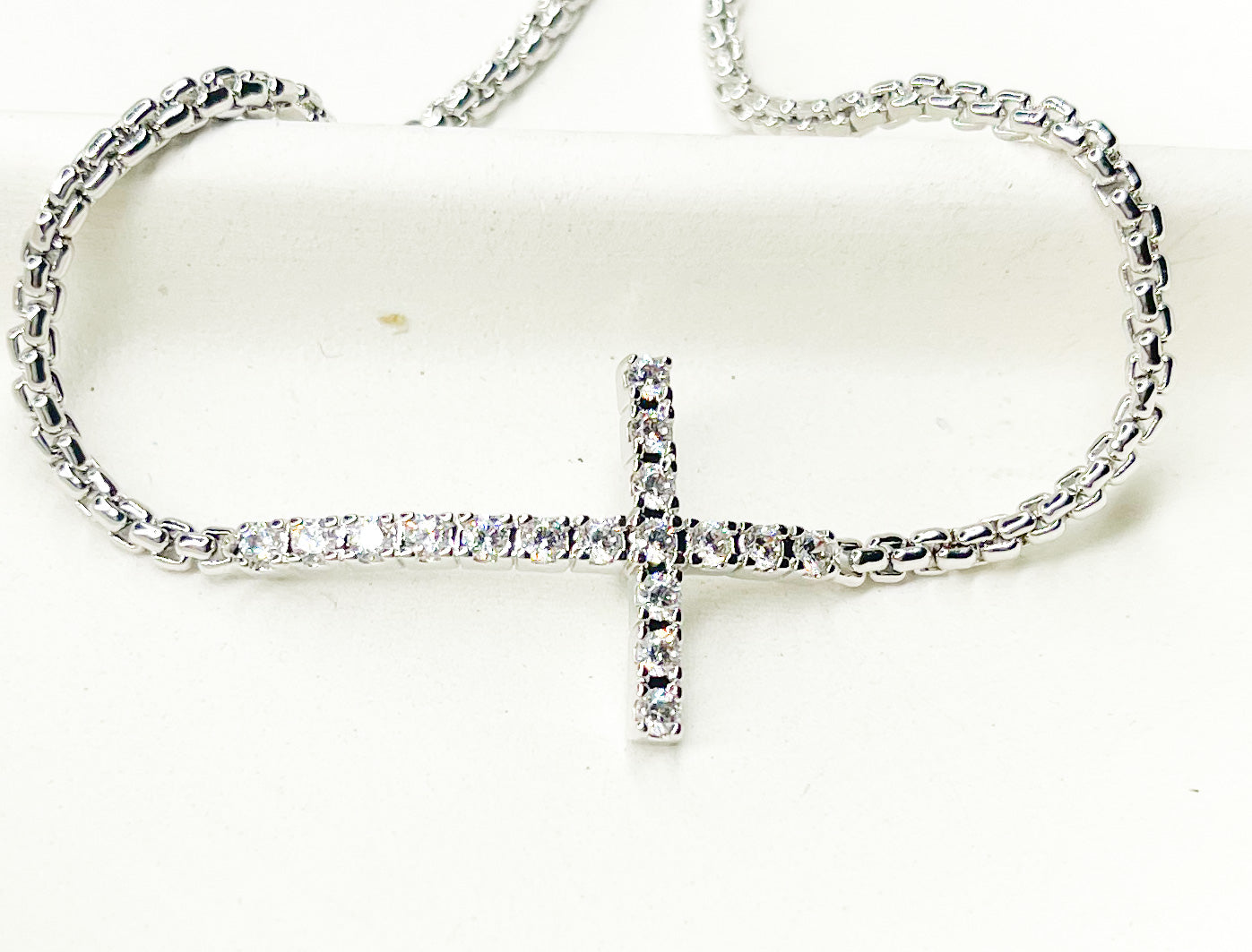 Cross CZ Bolo Bracelet-Rhodium