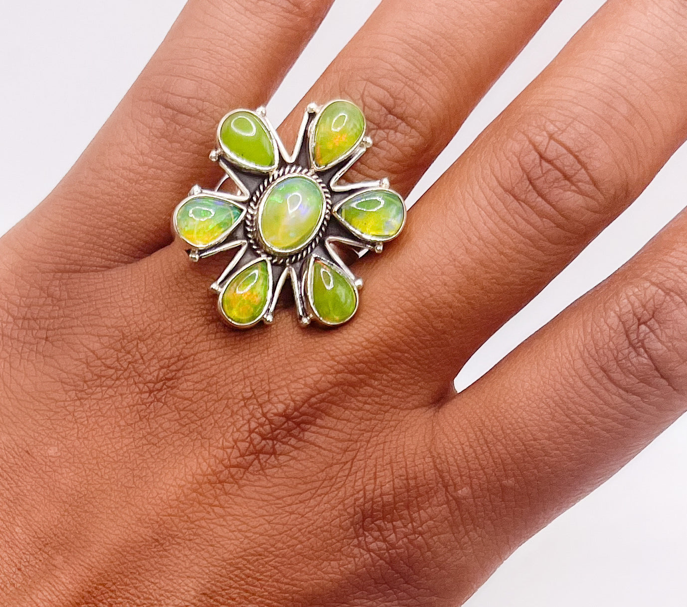 Ethiopian Opal Green Flower Ring-Solid Sterling Silver