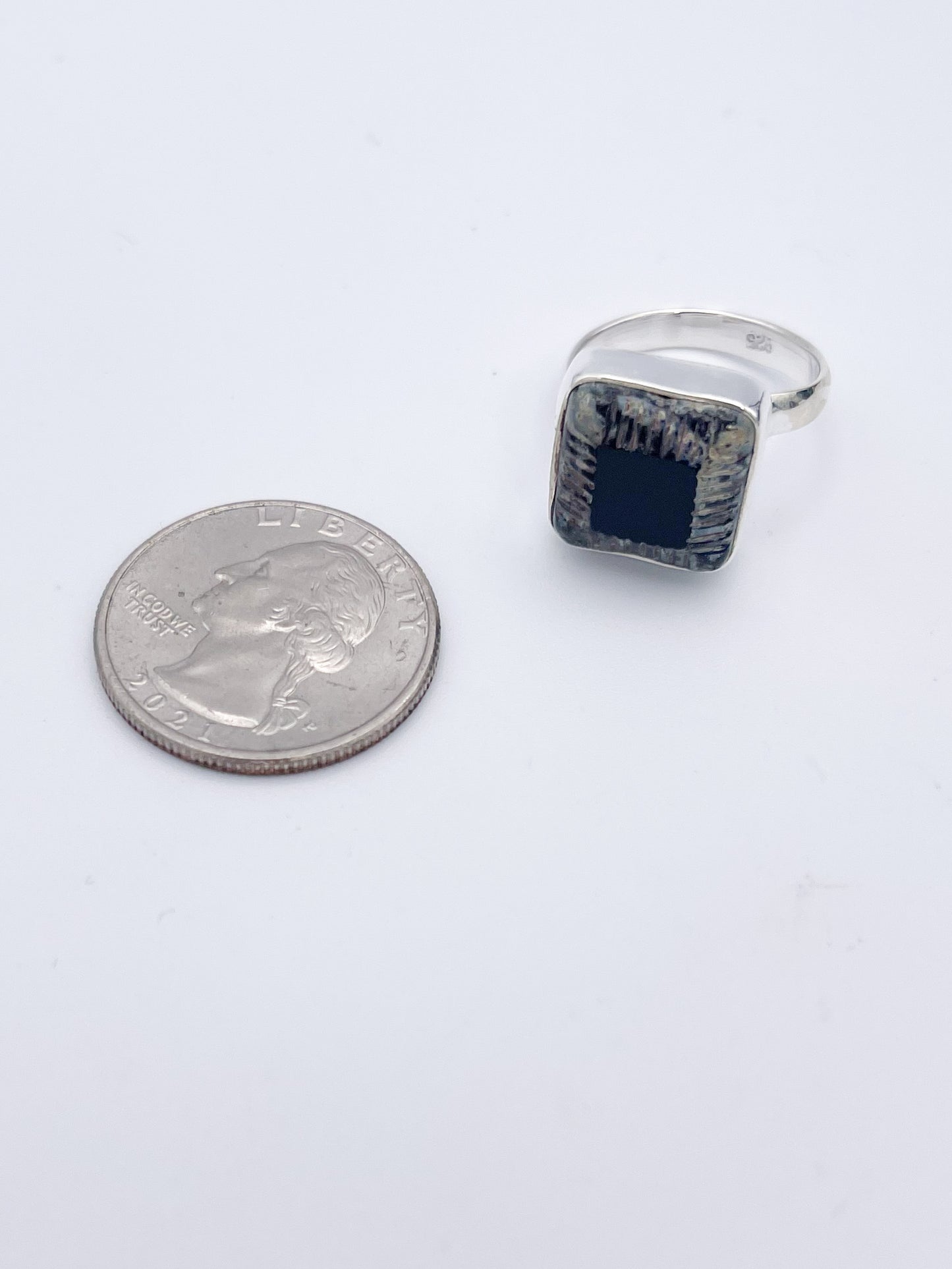 Black Square Glass Adjustable Ring-Solid Sterling Silver