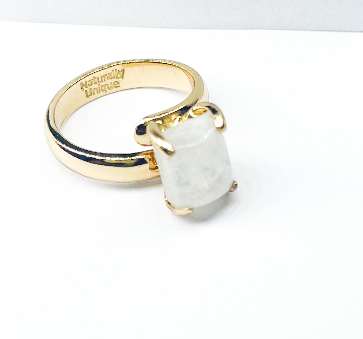 Rectangle Rainbow Moonstone Prong Set Ring-Alchemia