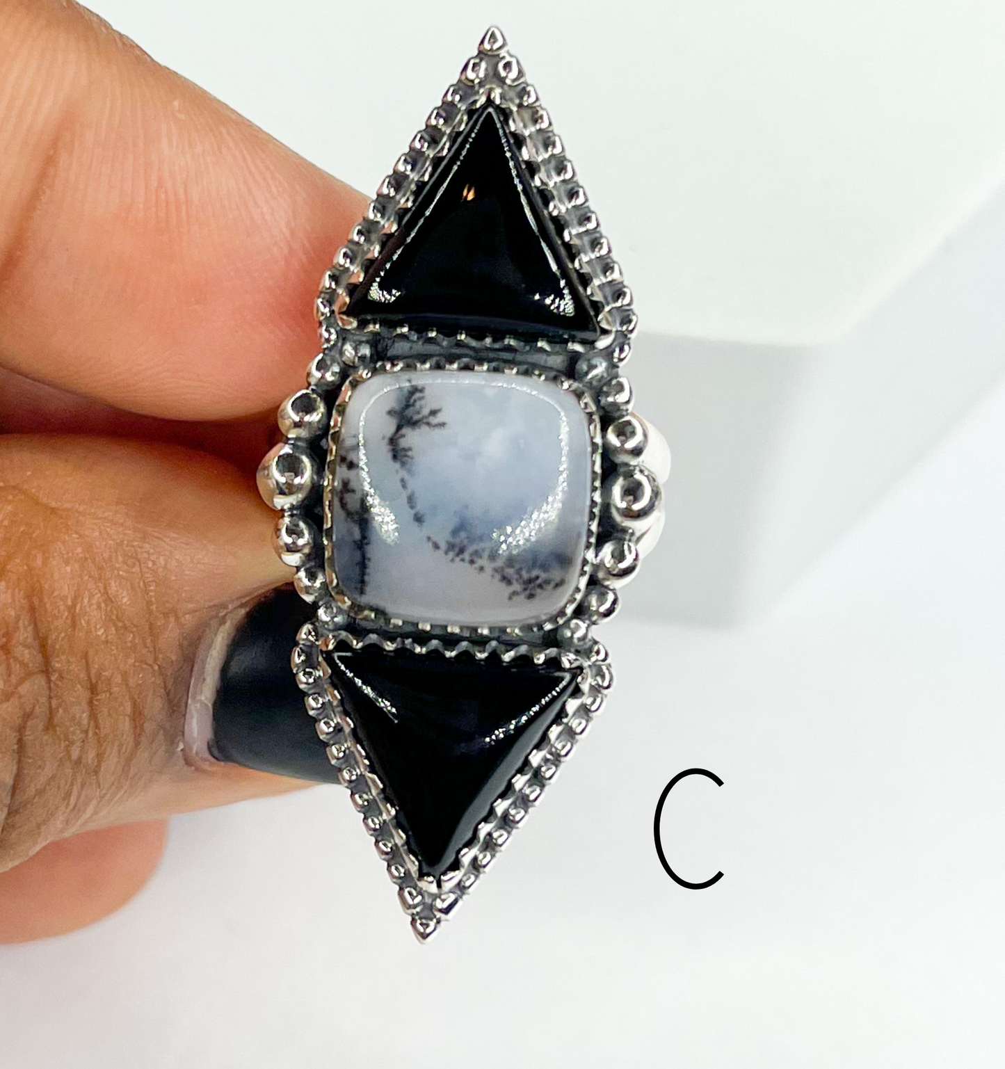 Black Onyx And Dendrite Crawler Ring-Solid Sterling Silver
