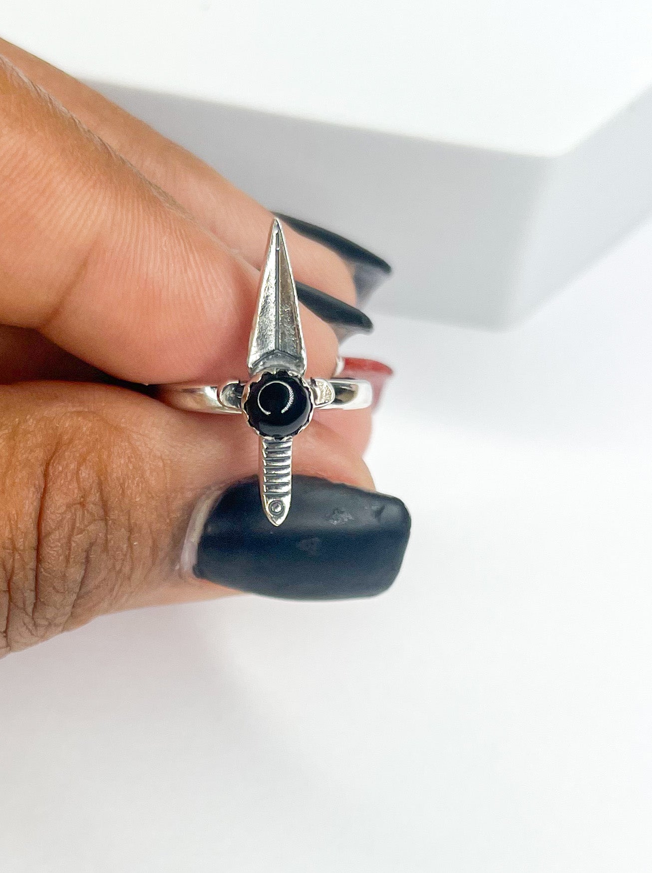 Black Onyx Dagger Adjustable Ring-Solid Sterling Silver
