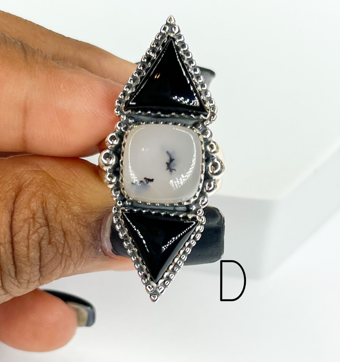 Black Onyx And Dendrite Crawler Ring-Solid Sterling Silver